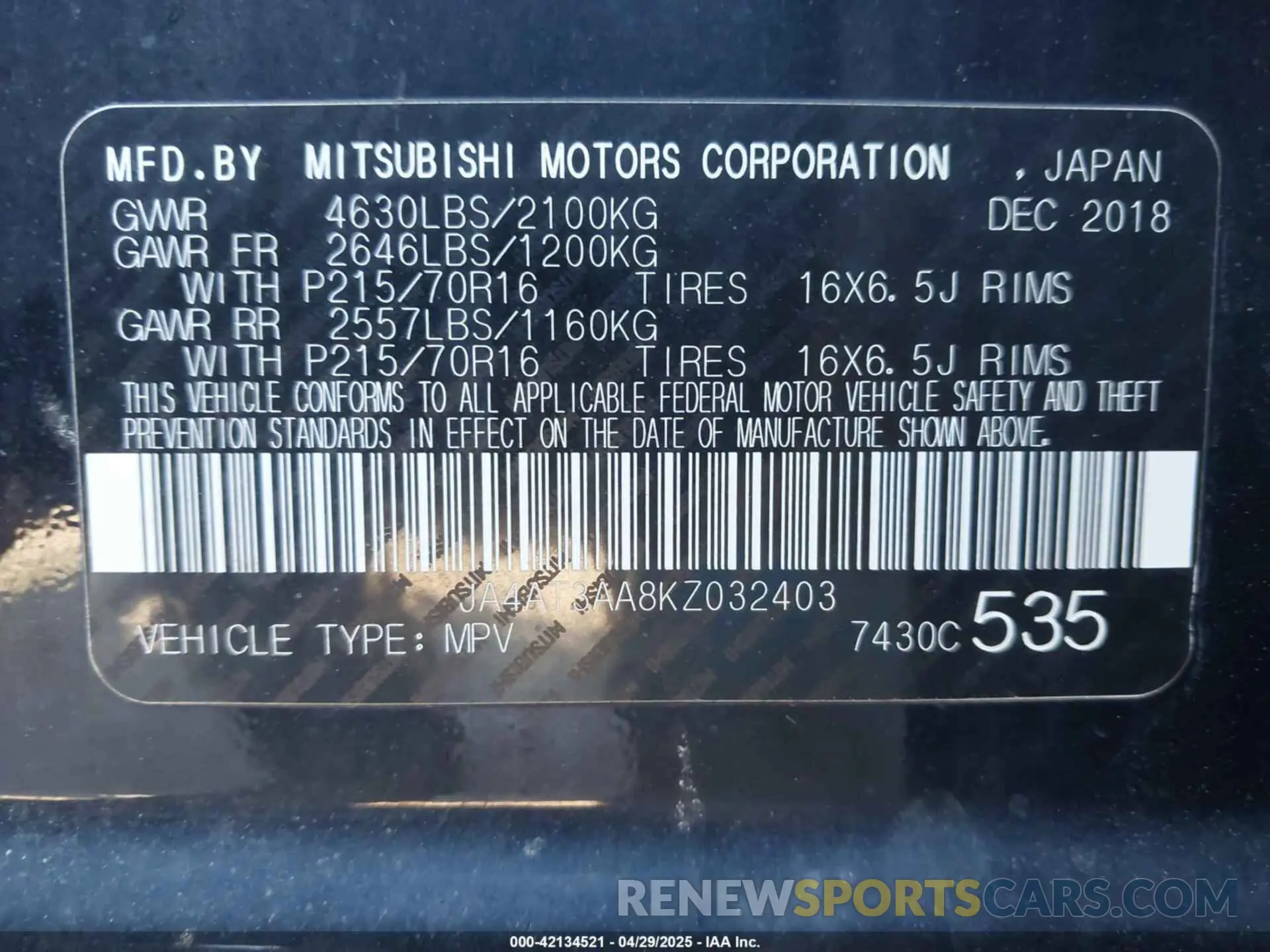 9 Photograph of a damaged car JA4AT3AA8KZ032403 MITSUBISHI ECLIPSE CROSS 2019