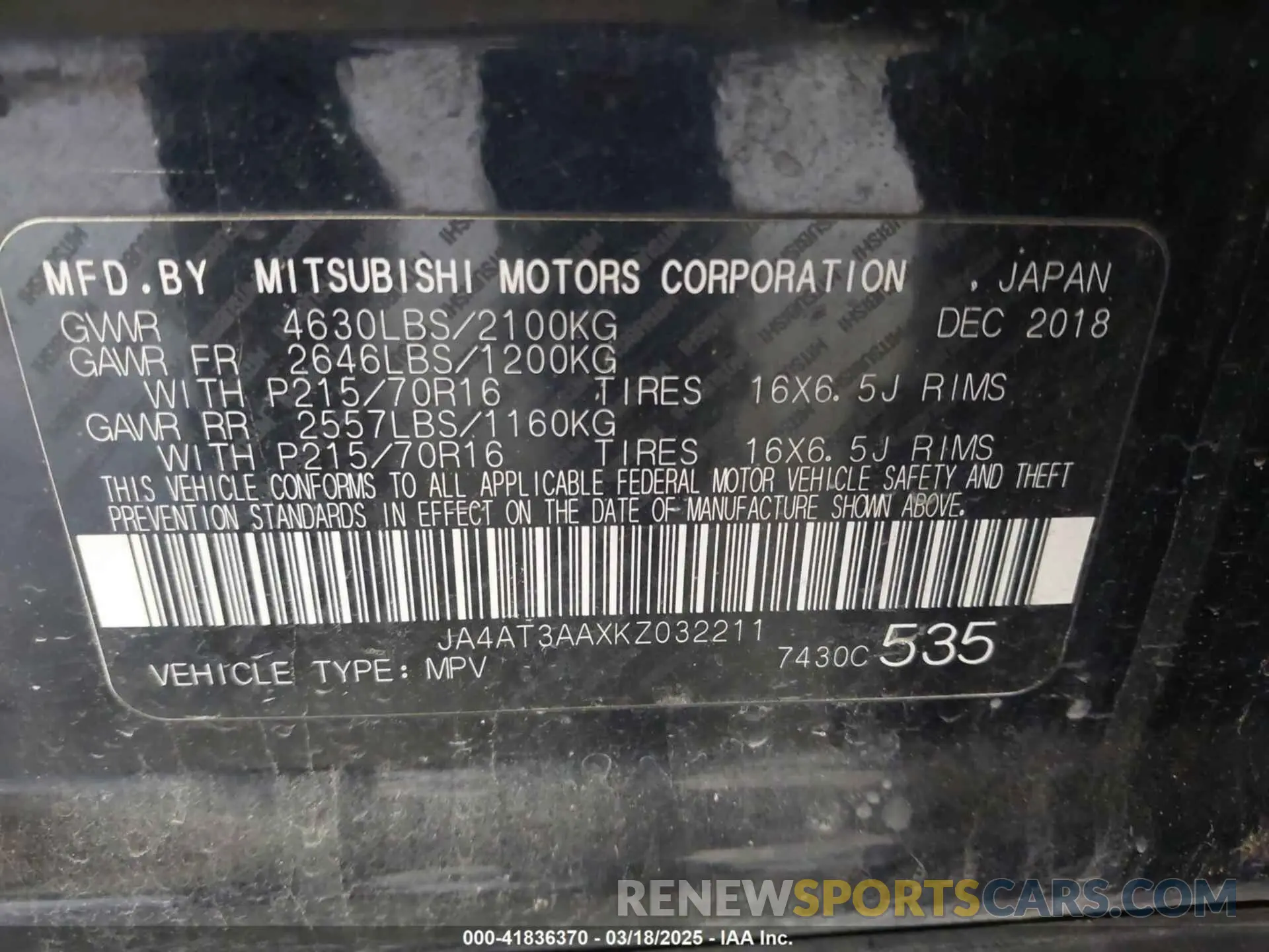 9 Photograph of a damaged car JA4AT3AAXKZ032211 MITSUBISHI ECLIPSE CROSS 2019