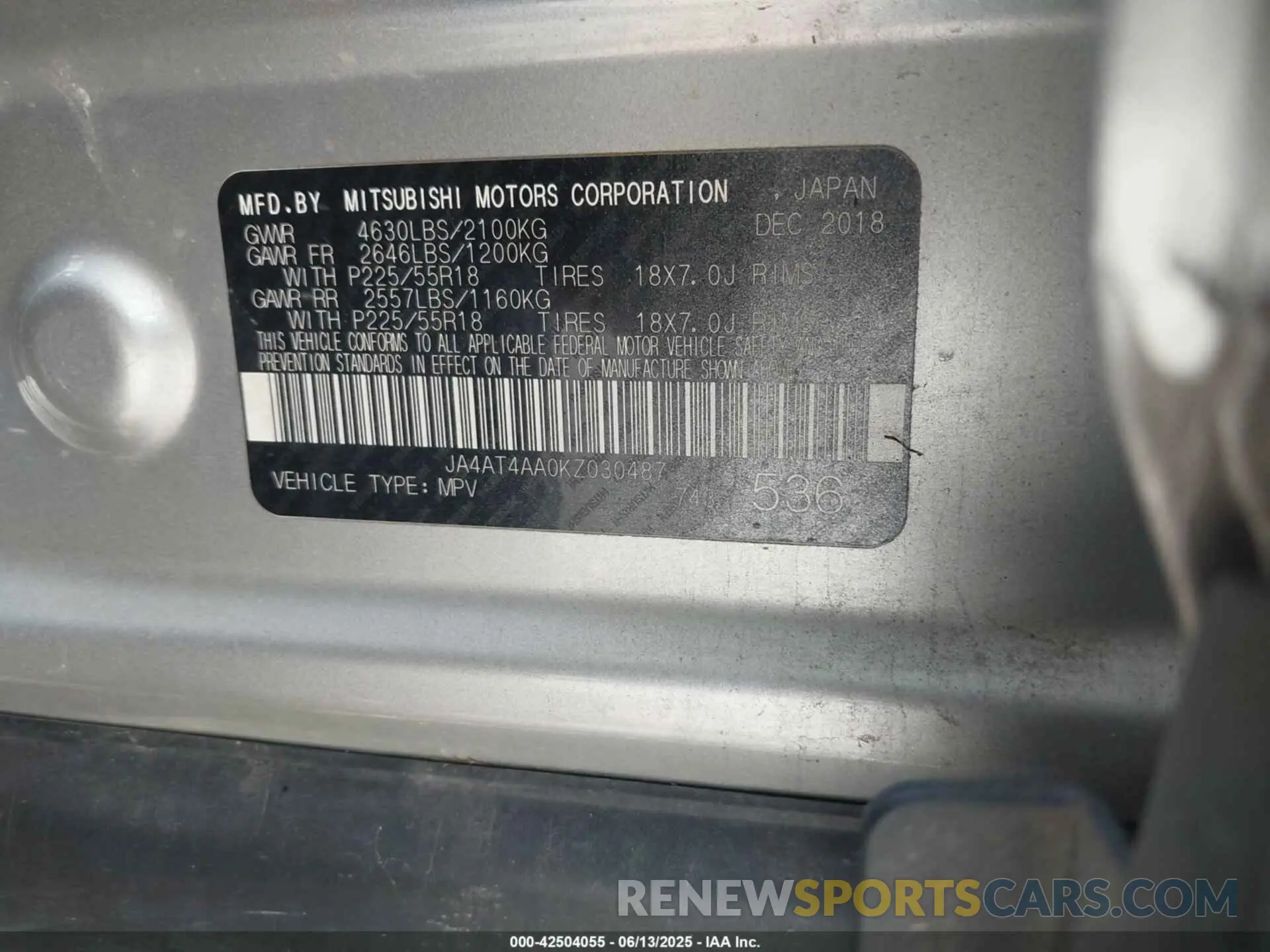 9 Photograph of a damaged car JA4AT4AA0KZ030487 MITSUBISHI ECLIPSE CROSS 2019