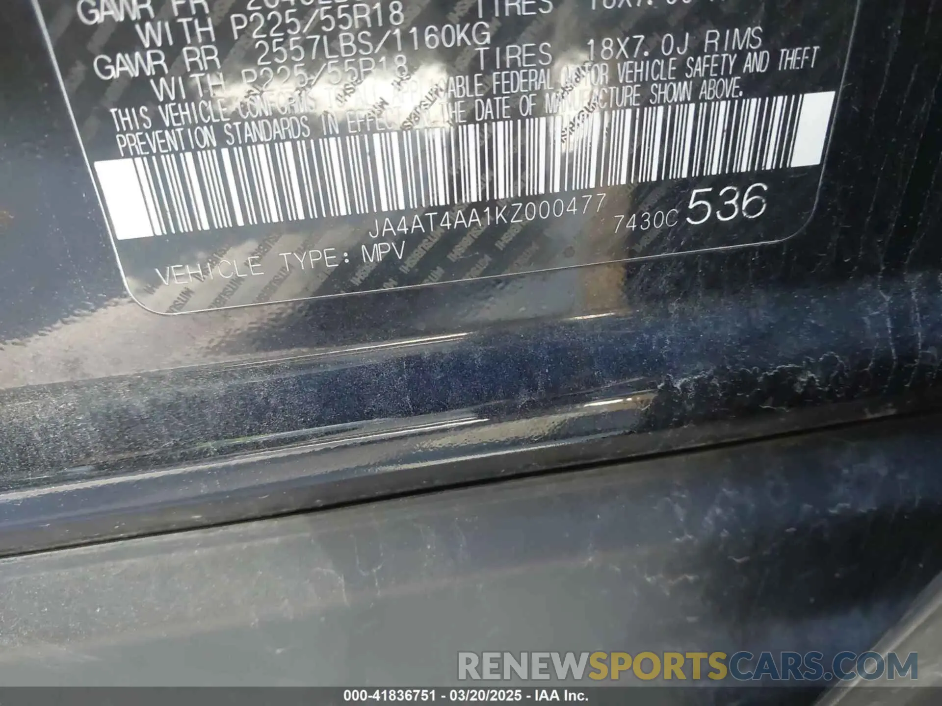 9 Photograph of a damaged car JA4AT4AA1KZ000477 MITSUBISHI ECLIPSE CROSS 2019