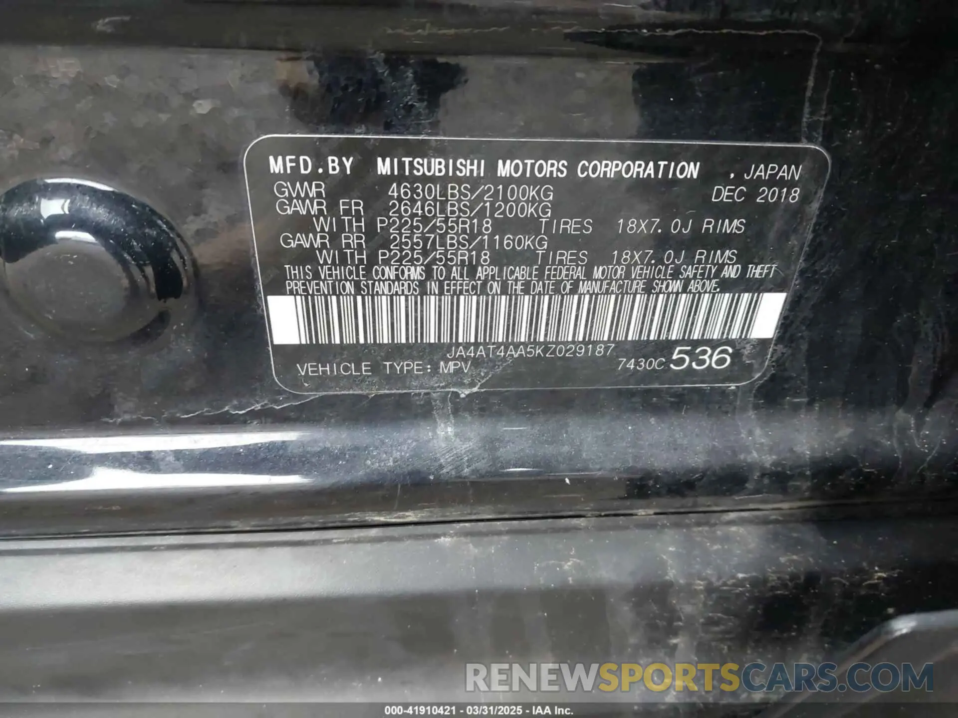 9 Photograph of a damaged car JA4AT4AA5KZ029187 MITSUBISHI ECLIPSE CROSS 2019