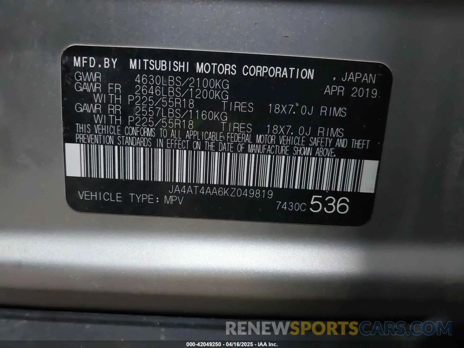9 Photograph of a damaged car JA4AT4AA6KZ049819 MITSUBISHI ECLIPSE CROSS 2019