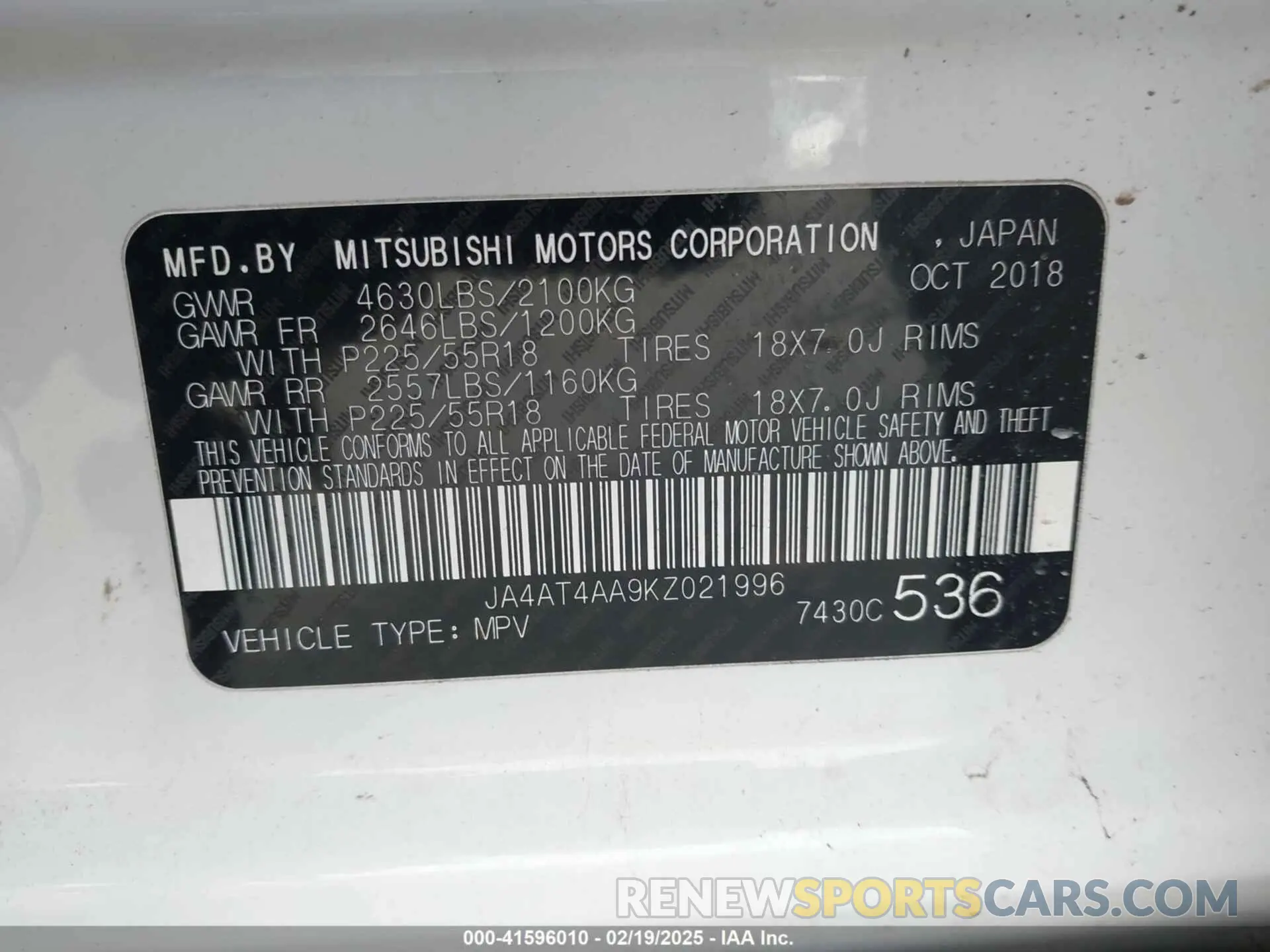 9 Photograph of a damaged car JA4AT4AA9KZ021996 MITSUBISHI ECLIPSE CROSS 2019