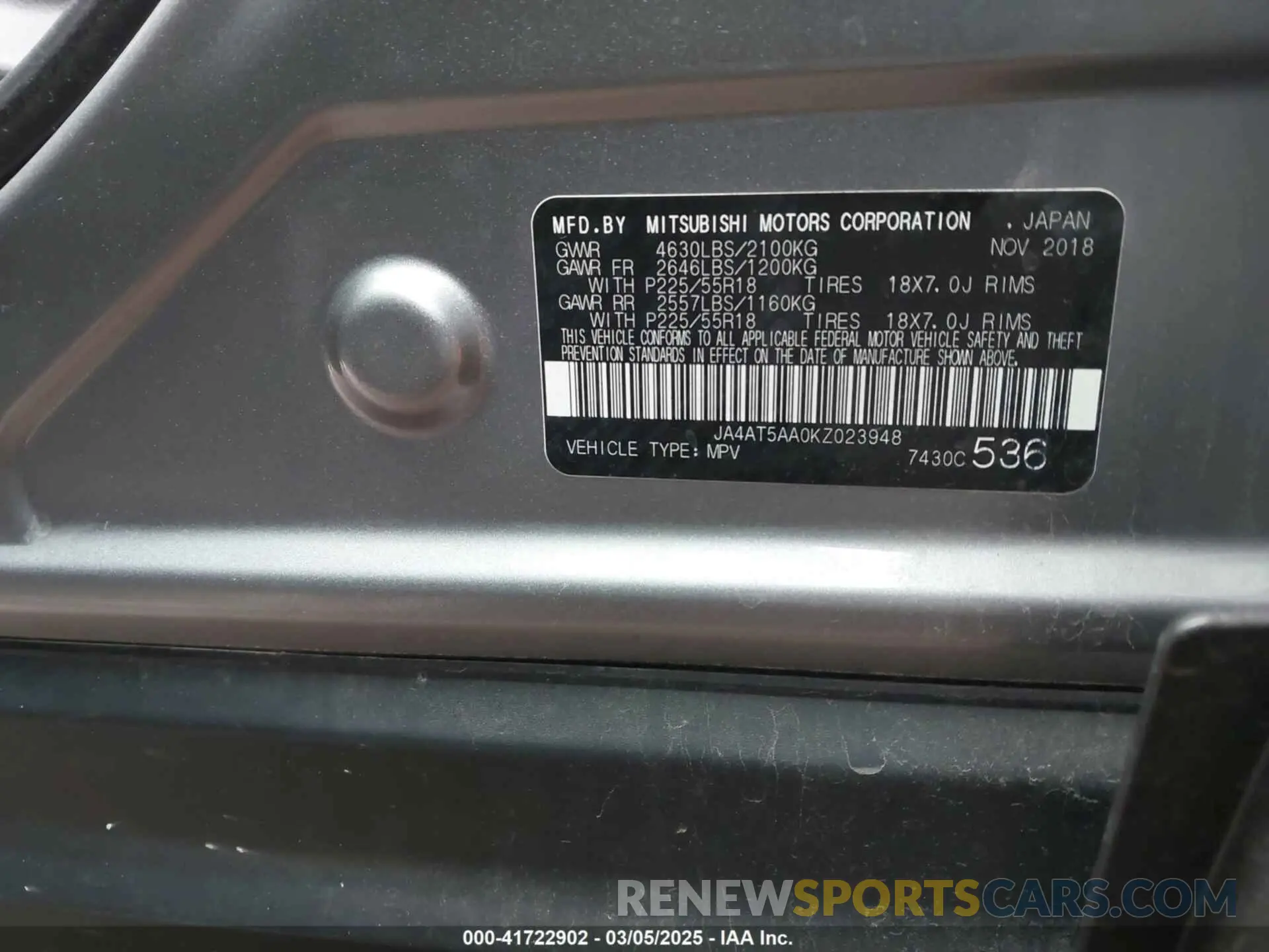 9 Photograph of a damaged car JA4AT5AA0KZ023948 MITSUBISHI ECLIPSE CROSS 2019