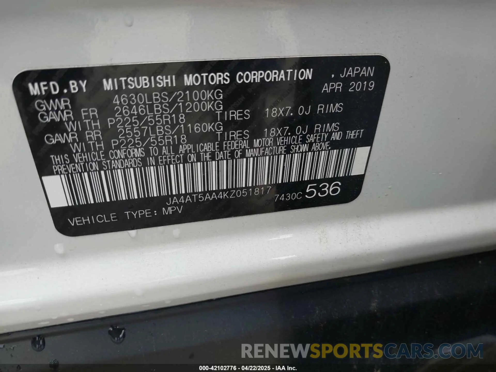 9 Photograph of a damaged car JA4AT5AA4KZ051817 MITSUBISHI ECLIPSE CROSS 2019