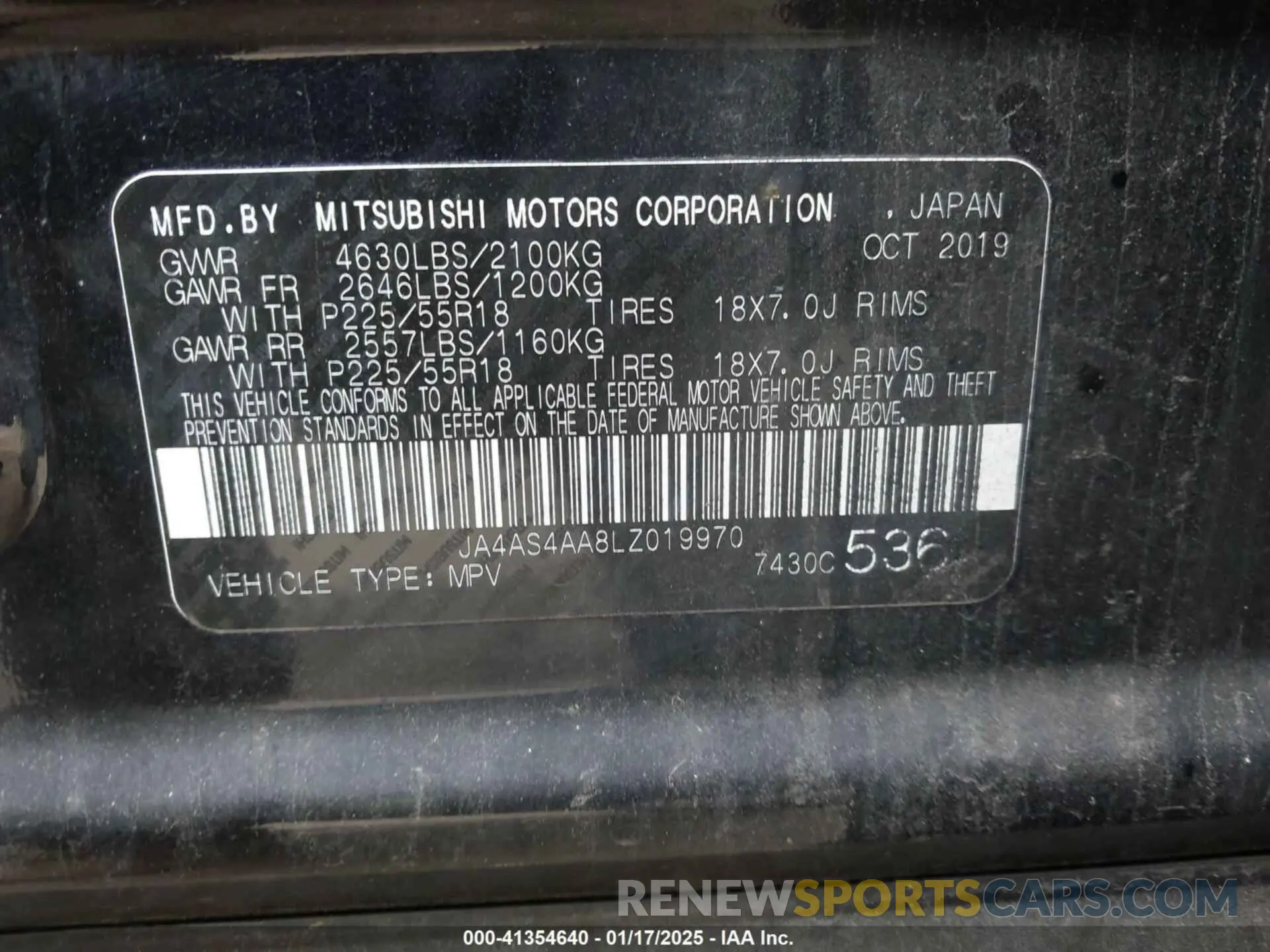 9 Photograph of a damaged car JA4AS4AA8LZ019970 MITSUBISHI ECLIPSE CROSS 2020