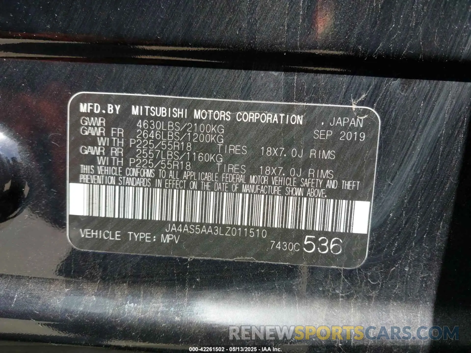 9 Photograph of a damaged car JA4AS5AA3LZ011510 MITSUBISHI ECLIPSE CROSS 2020