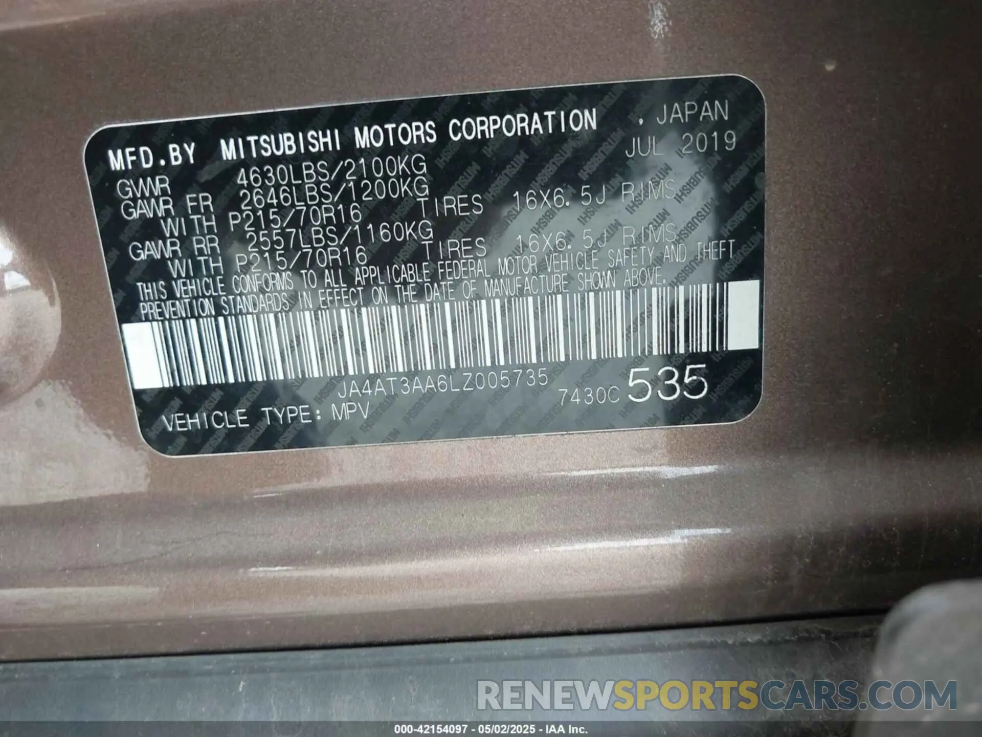 9 Photograph of a damaged car JA4AT3AA6LZ005735 MITSUBISHI ECLIPSE CROSS 2020
