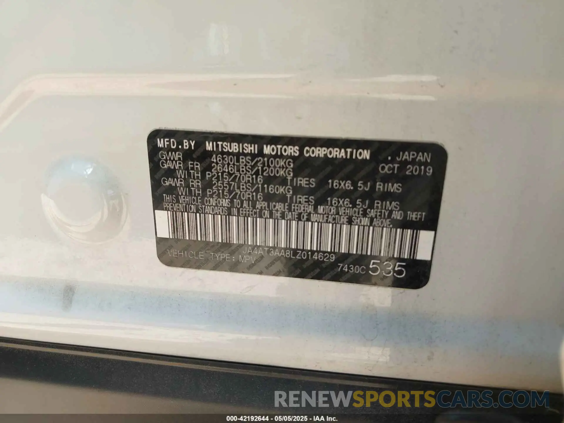 9 Photograph of a damaged car JA4AT3AA8LZ014629 MITSUBISHI ECLIPSE CROSS 2020