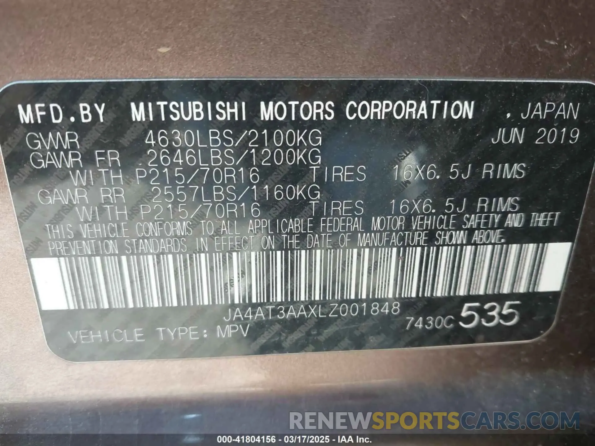 9 Photograph of a damaged car JA4AT3AAXLZ001848 MITSUBISHI ECLIPSE CROSS 2020