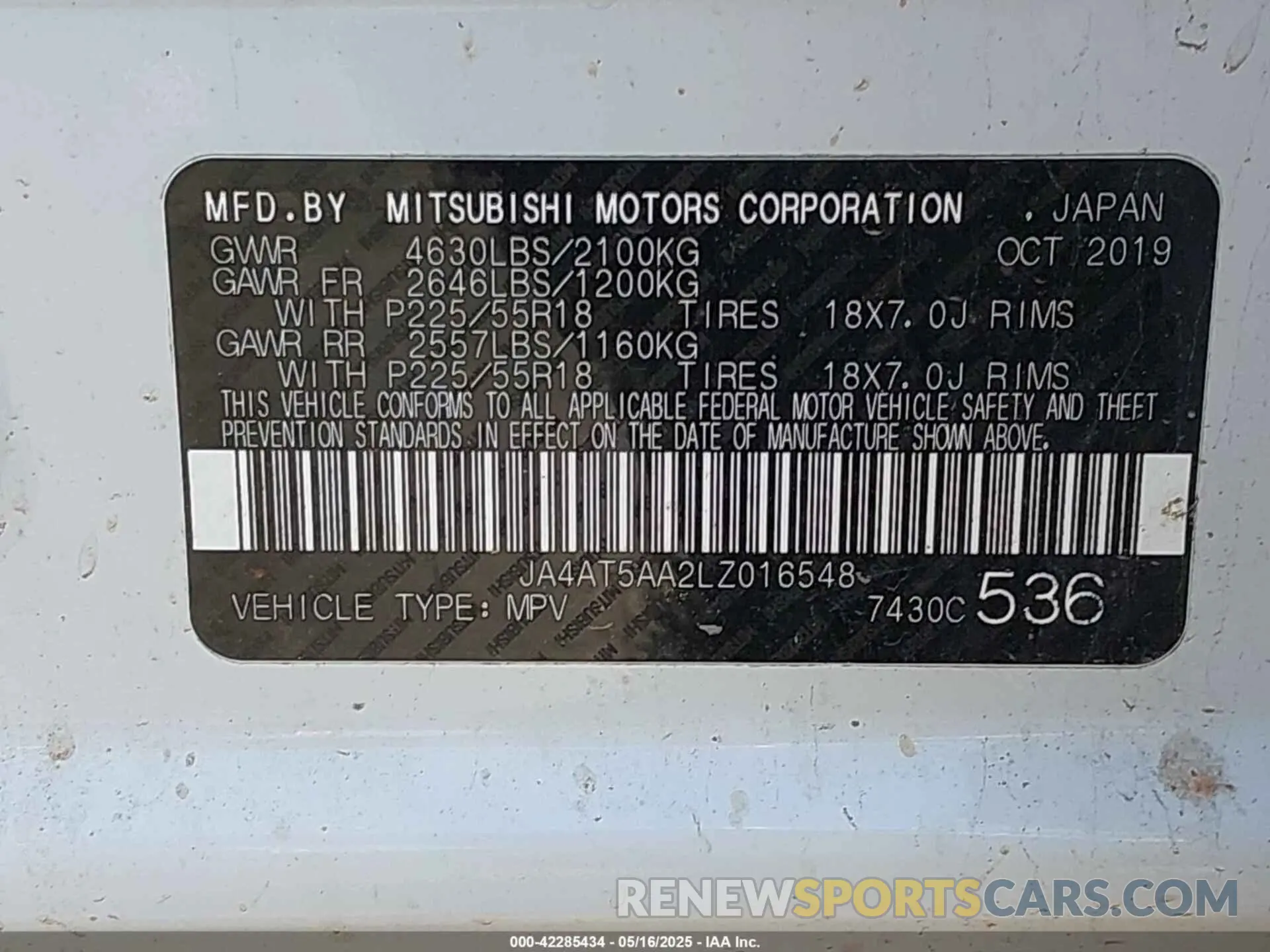 9 Photograph of a damaged car JA4AT5AA2LZ016548 MITSUBISHI ECLIPSE CROSS 2020