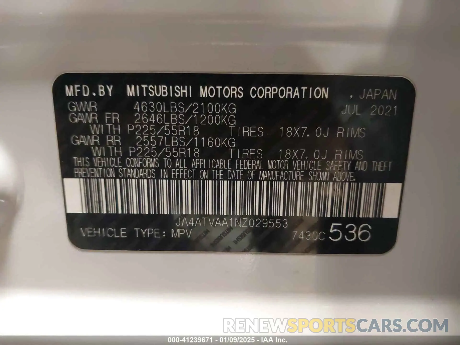9 Photograph of a damaged car JA4ATVAA1NZ029553 MITSUBISHI ECLIPSE CROSS 2022