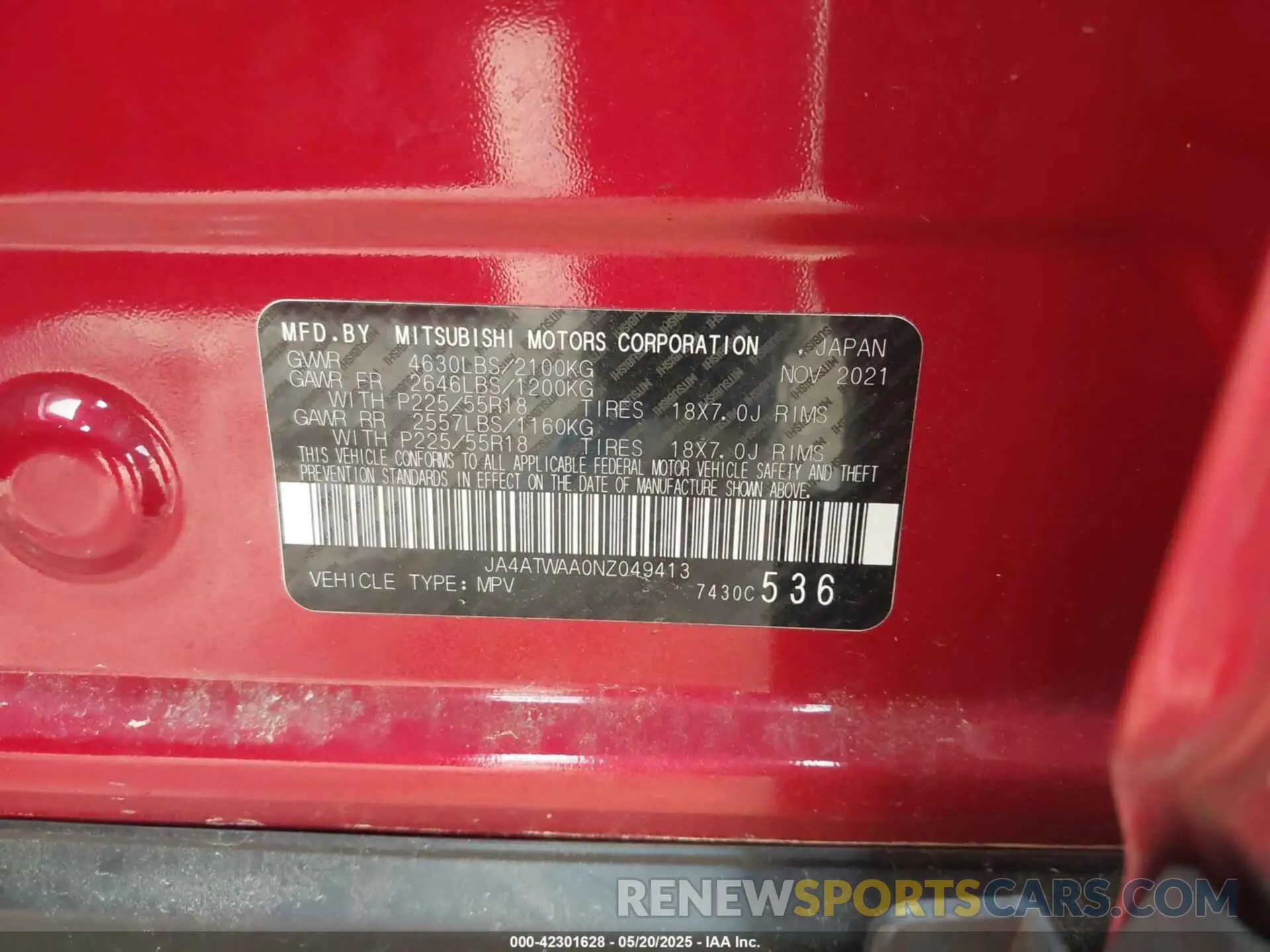 9 Photograph of a damaged car JA4ATWAA0NZ049413 MITSUBISHI ECLIPSE CROSS 2022