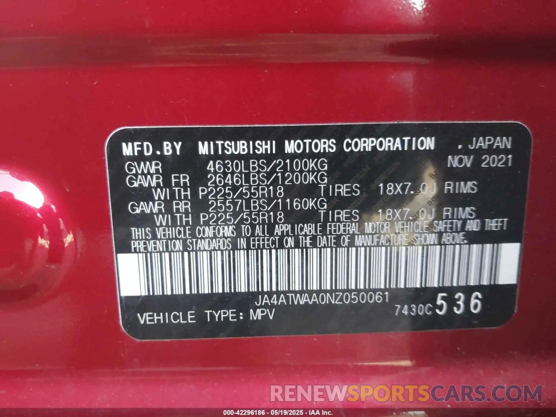9 Photograph of a damaged car JA4ATWAA0NZ050061 MITSUBISHI ECLIPSE CROSS 2022
