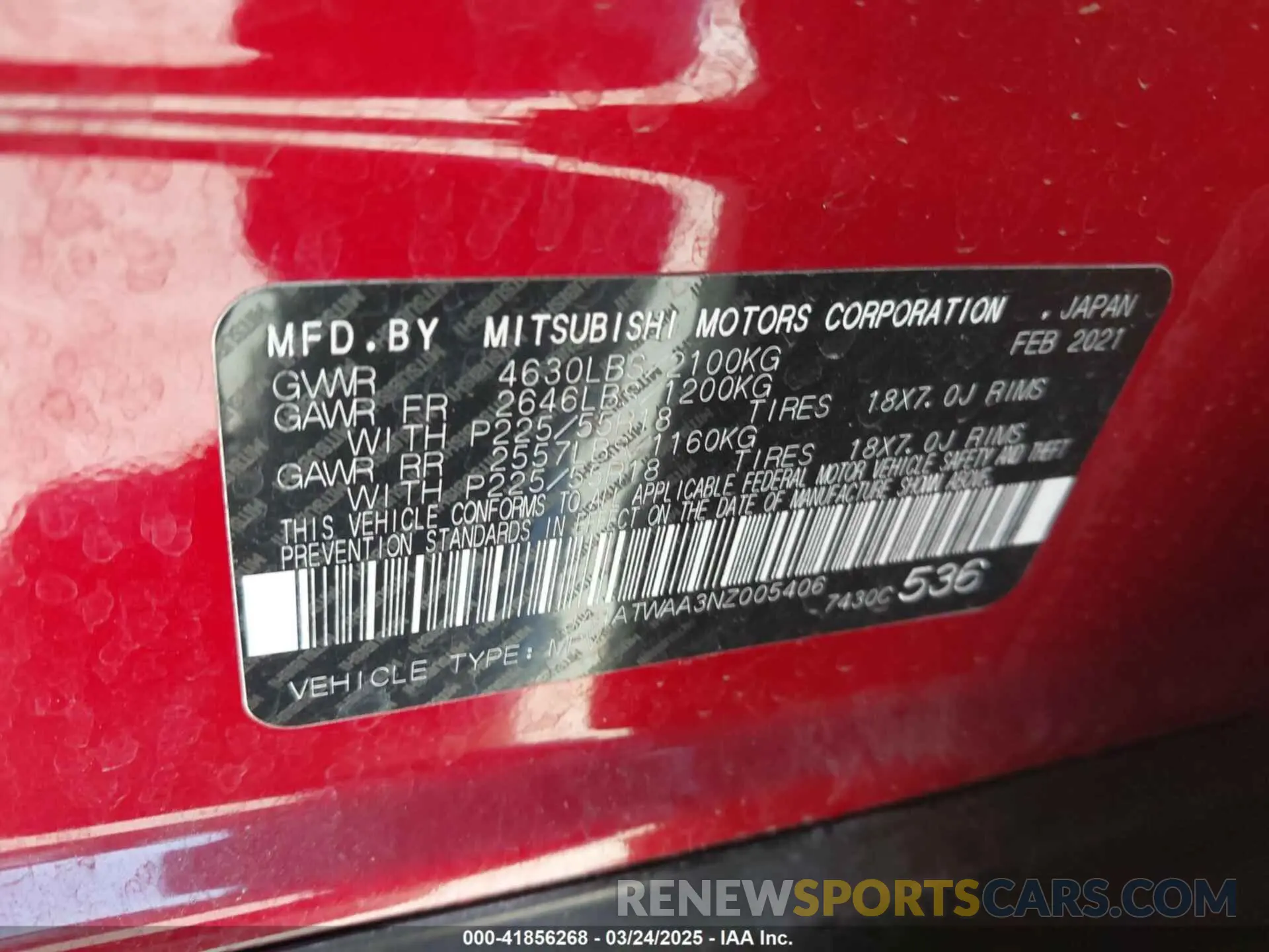9 Photograph of a damaged car JA4ATWAA3NZ005406 MITSUBISHI ECLIPSE CROSS 2022