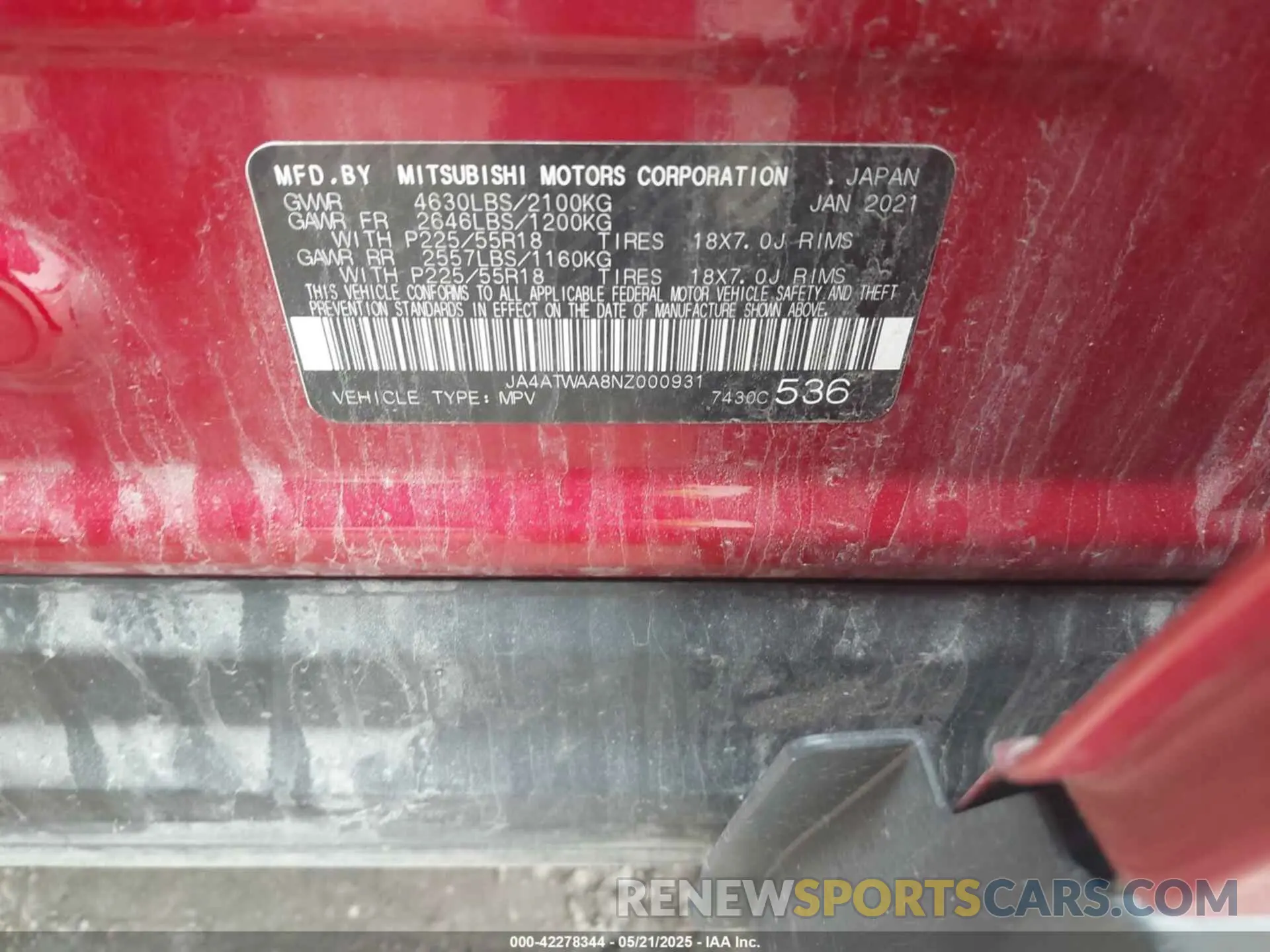 9 Photograph of a damaged car JA4ATWAA8NZ000931 MITSUBISHI ECLIPSE CROSS 2022