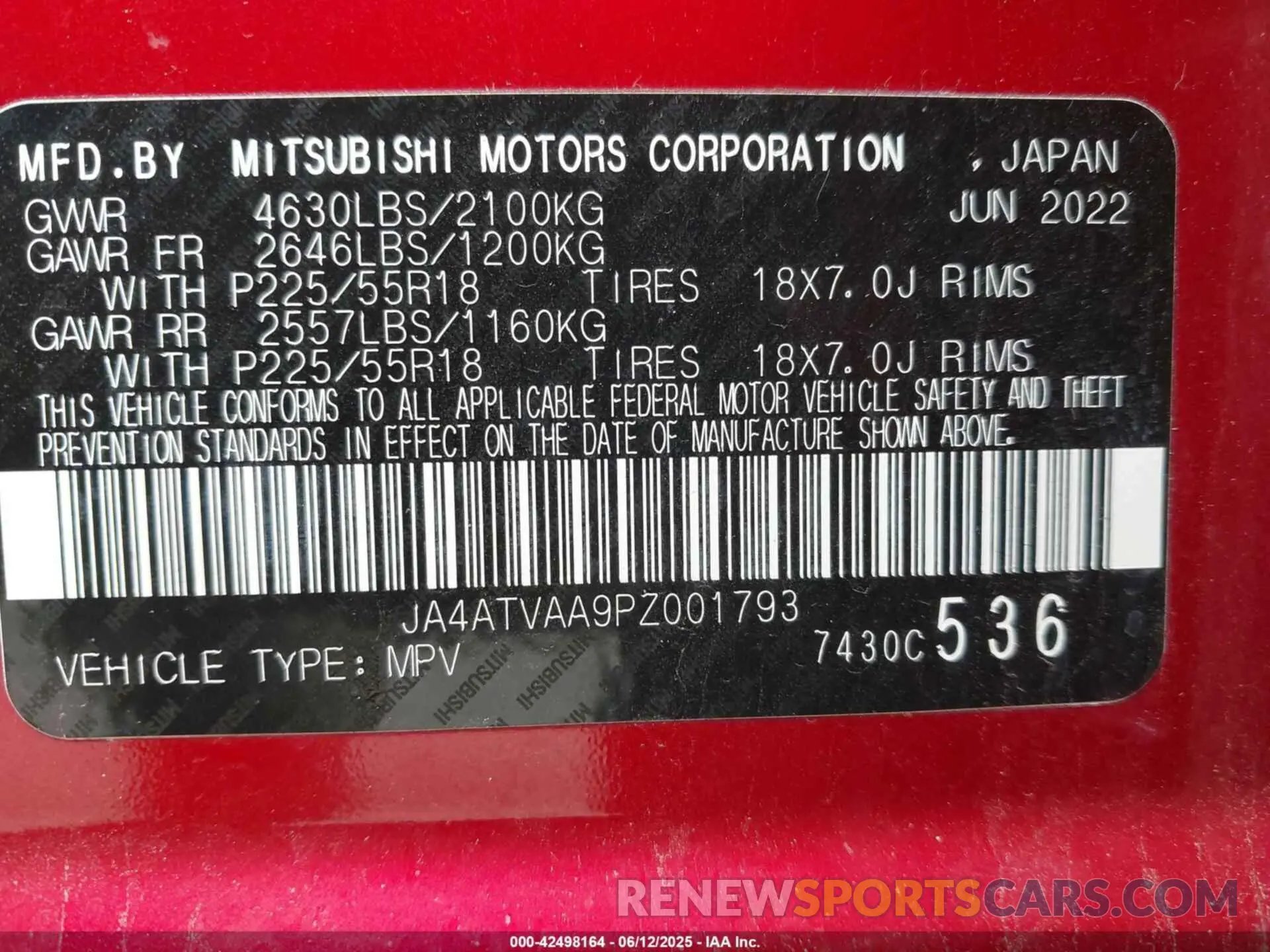9 Photograph of a damaged car JA4ATVAA9PZ001793 MITSUBISHI ECLIPSE CROSS 2023