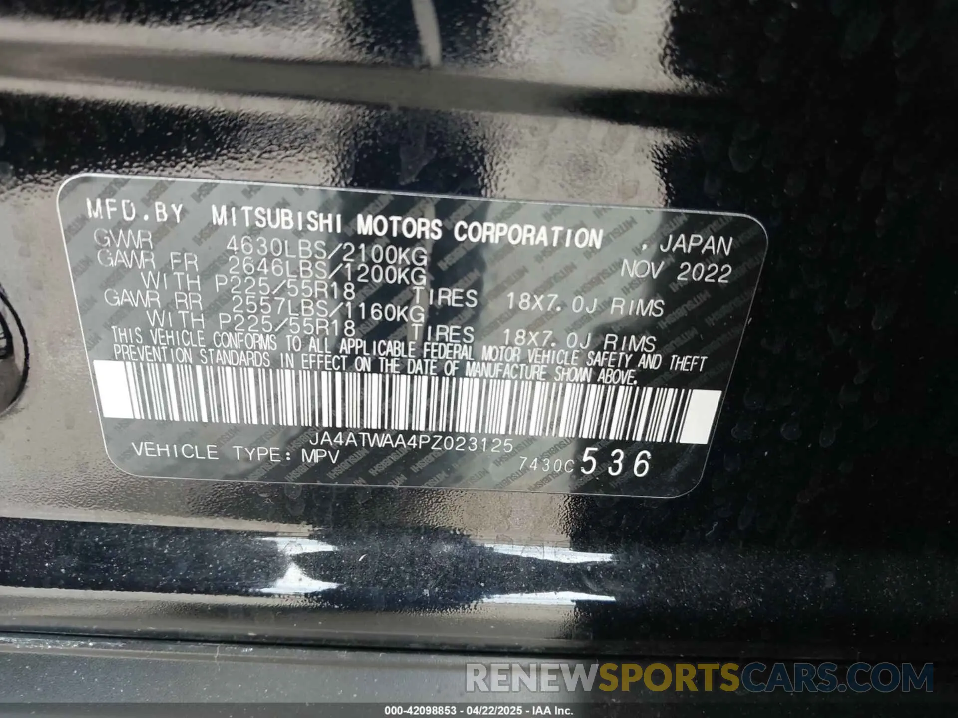 9 Photograph of a damaged car JA4ATWAA4PZ023125 MITSUBISHI ECLIPSE CROSS 2023