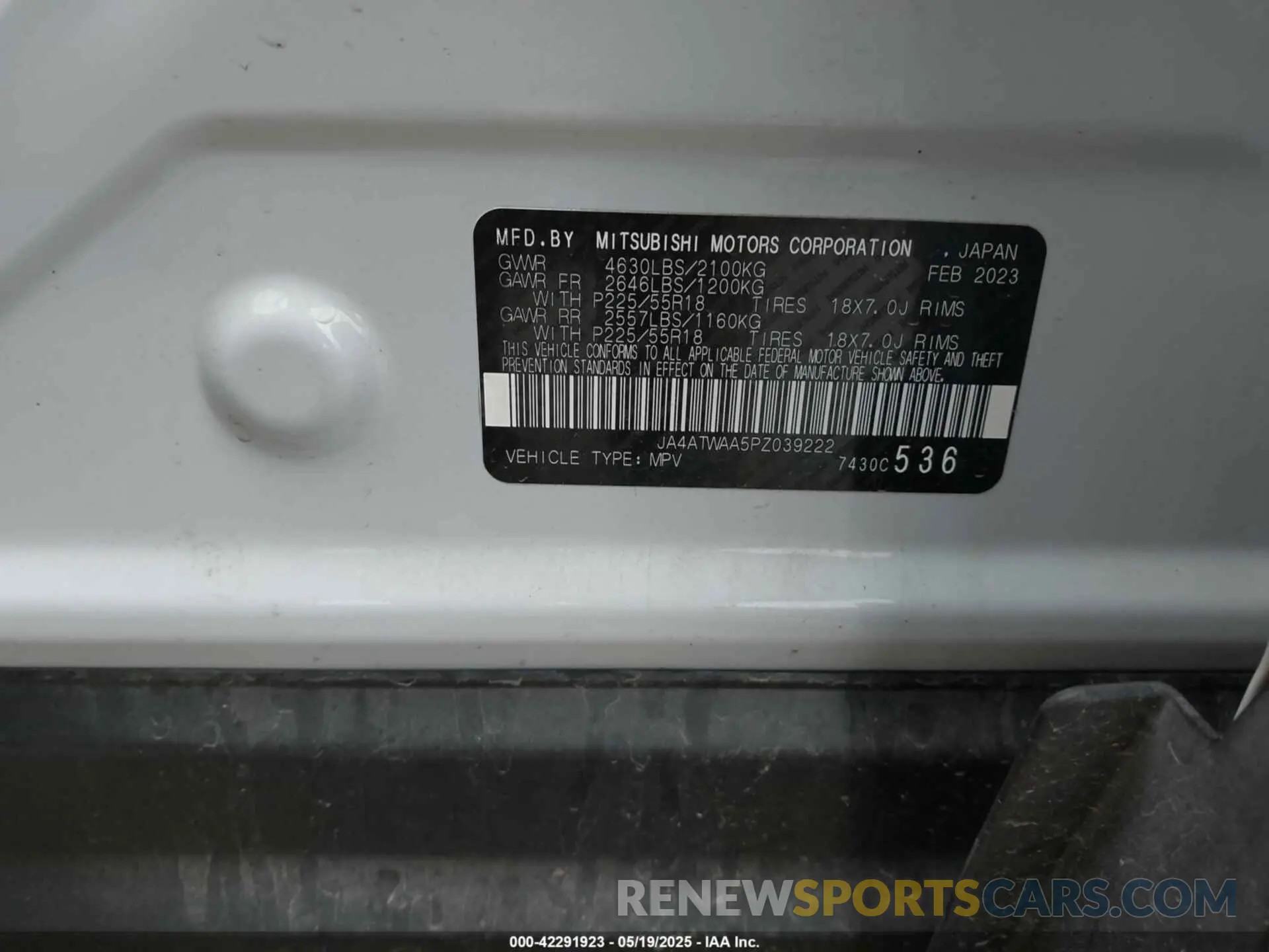 9 Photograph of a damaged car JA4ATWAA5PZ039222 MITSUBISHI ECLIPSE CROSS 2023