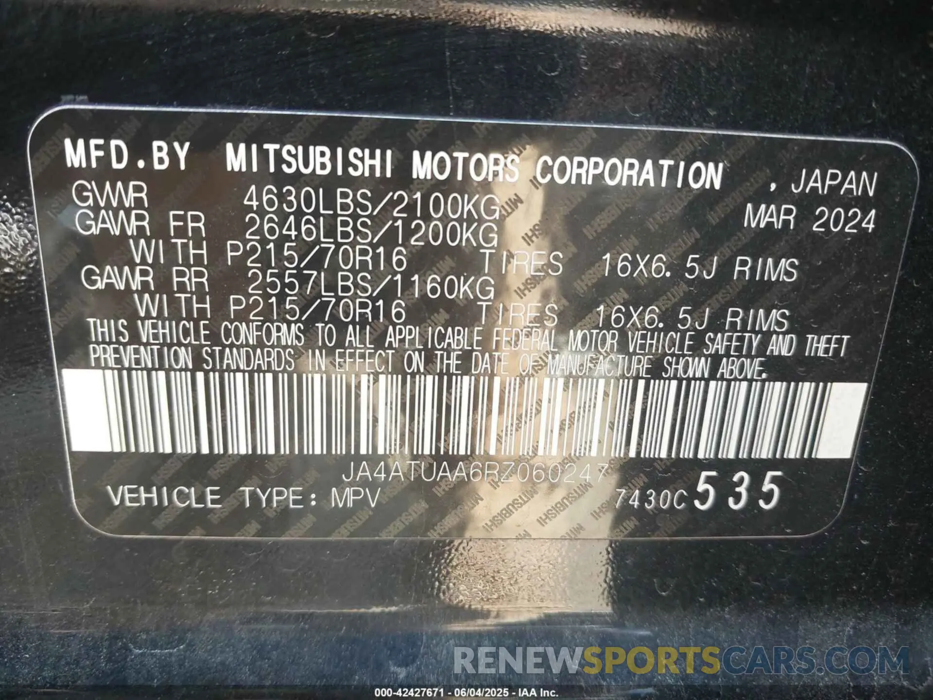 9 Photograph of a damaged car JA4ATUAA6RZ060247 MITSUBISHI ECLIPSE CROSS 2024