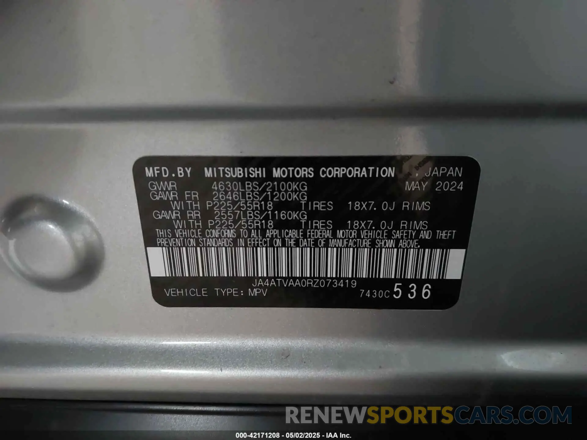 9 Photograph of a damaged car JA4ATVAA0RZ073419 MITSUBISHI ECLIPSE CROSS 2024