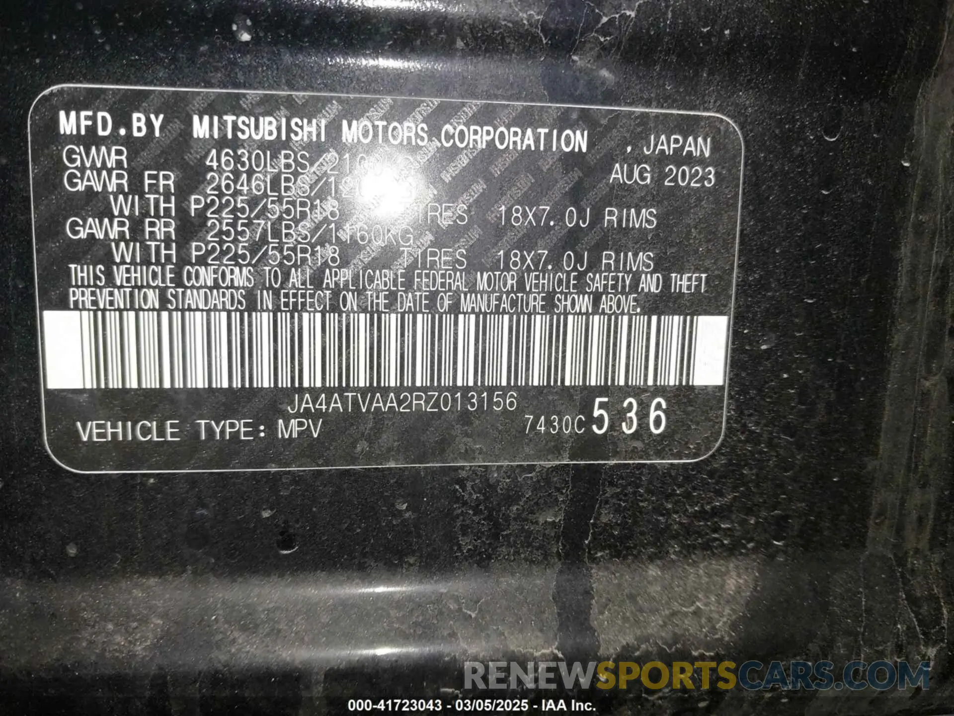 9 Photograph of a damaged car JA4ATVAA2RZ013156 MITSUBISHI ECLIPSE CROSS 2024