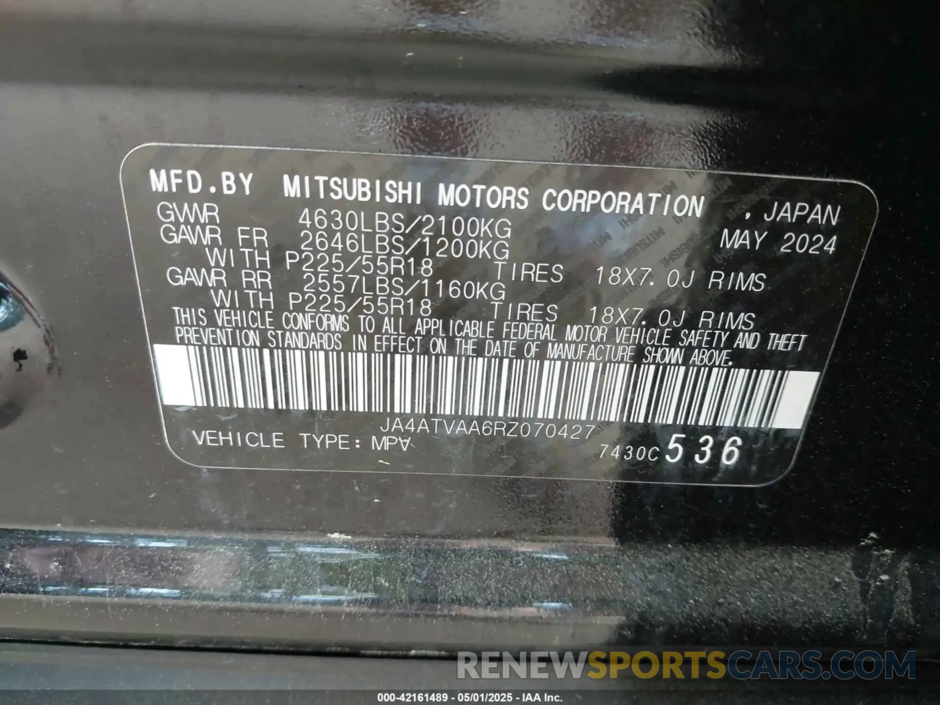 9 Photograph of a damaged car JA4ATVAA6RZ070427 MITSUBISHI ECLIPSE CROSS 2024