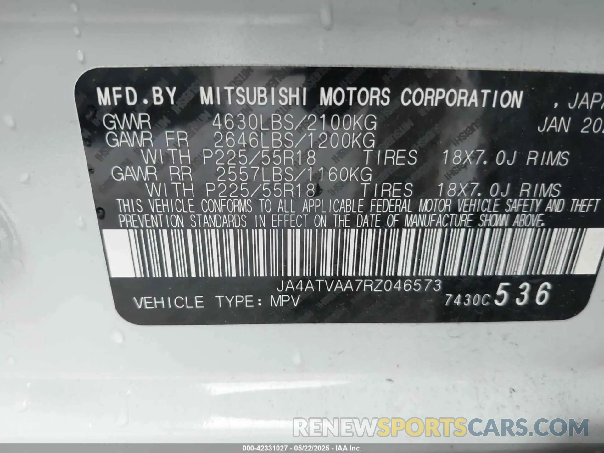 9 Photograph of a damaged car JA4ATVAA7RZ046573 MITSUBISHI ECLIPSE CROSS 2024