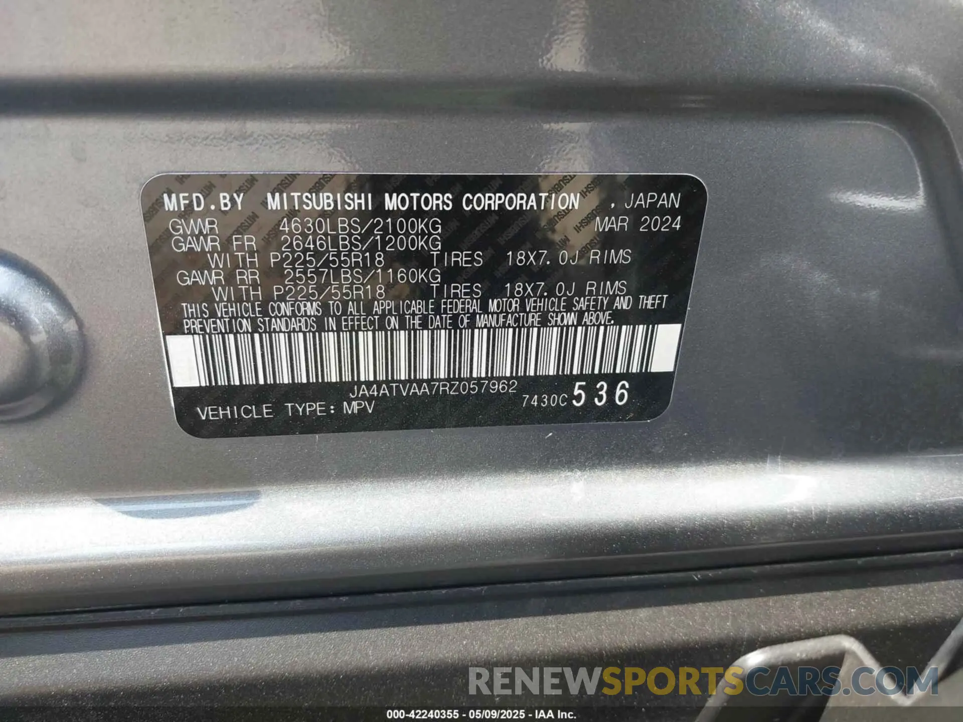 9 Photograph of a damaged car JA4ATVAA7RZ057962 MITSUBISHI ECLIPSE CROSS 2024