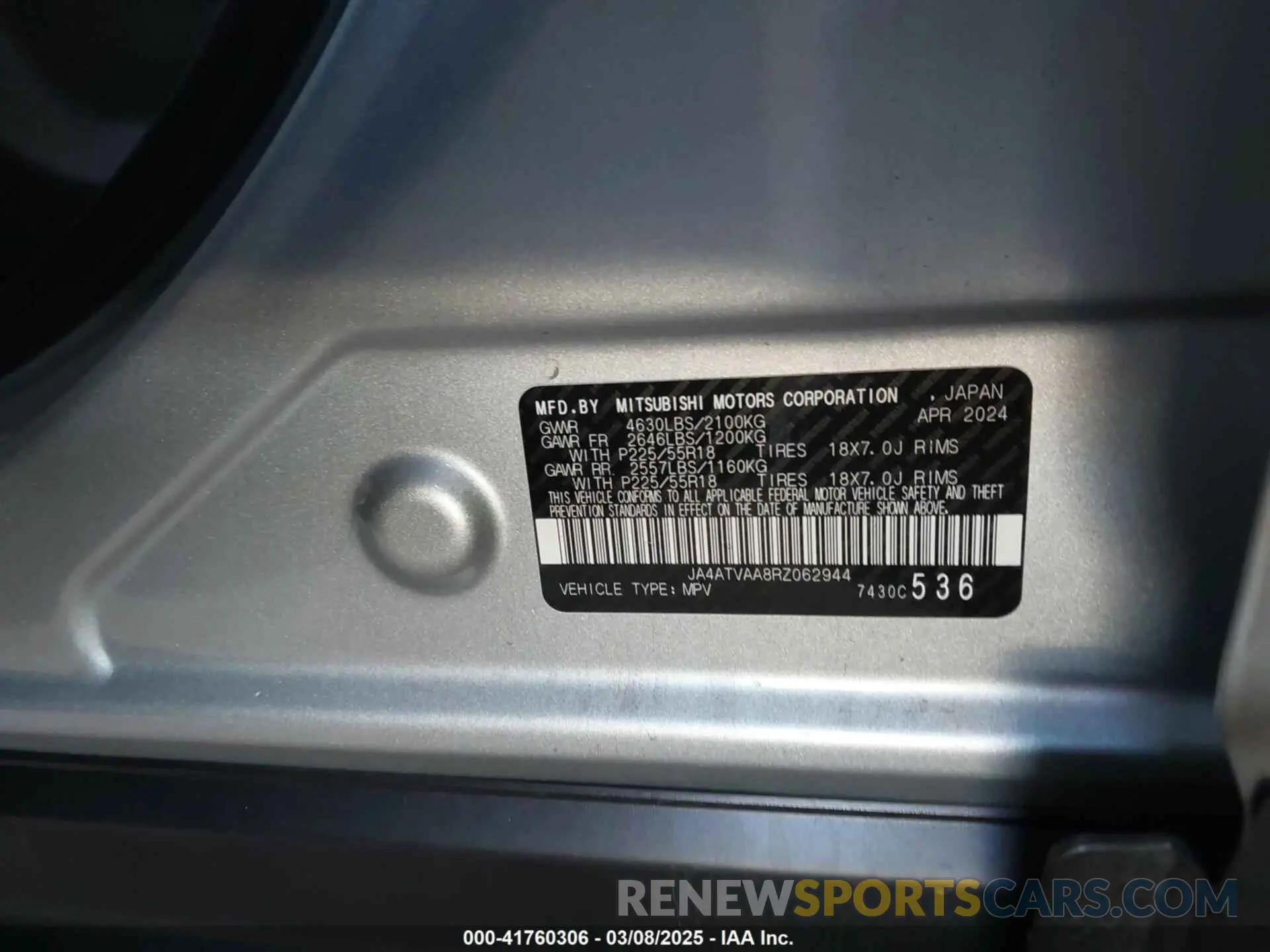9 Photograph of a damaged car JA4ATVAA8RZ062944 MITSUBISHI ECLIPSE CROSS 2024