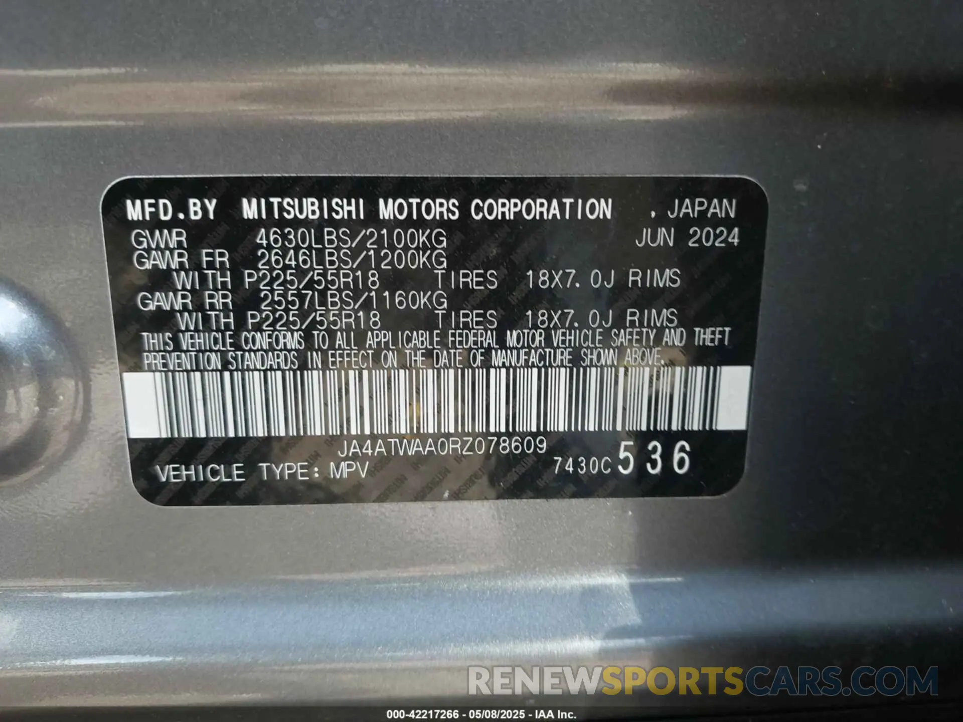 9 Photograph of a damaged car JA4ATWAA0RZ078609 MITSUBISHI ECLIPSE CROSS 2024
