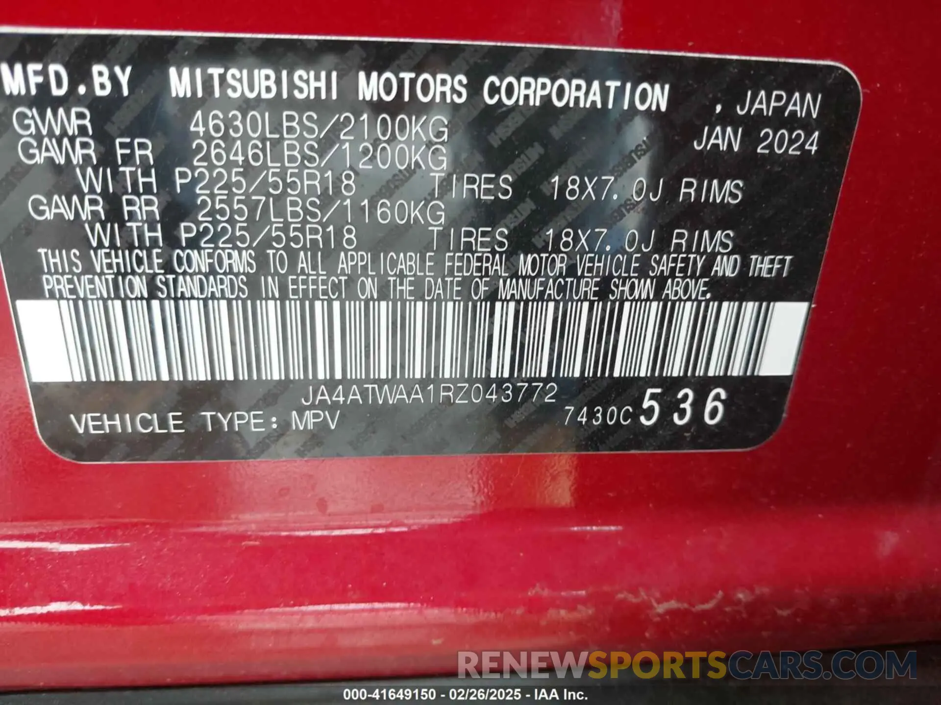 9 Photograph of a damaged car JA4ATWAA1RZ043772 MITSUBISHI ECLIPSE CROSS 2024