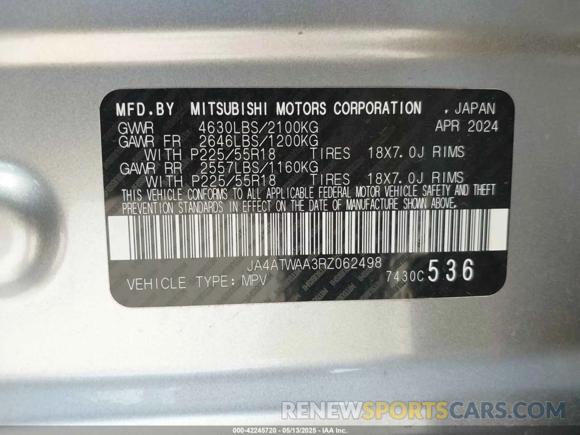 9 Photograph of a damaged car JA4ATWAA3RZ062498 MITSUBISHI ECLIPSE CROSS 2024