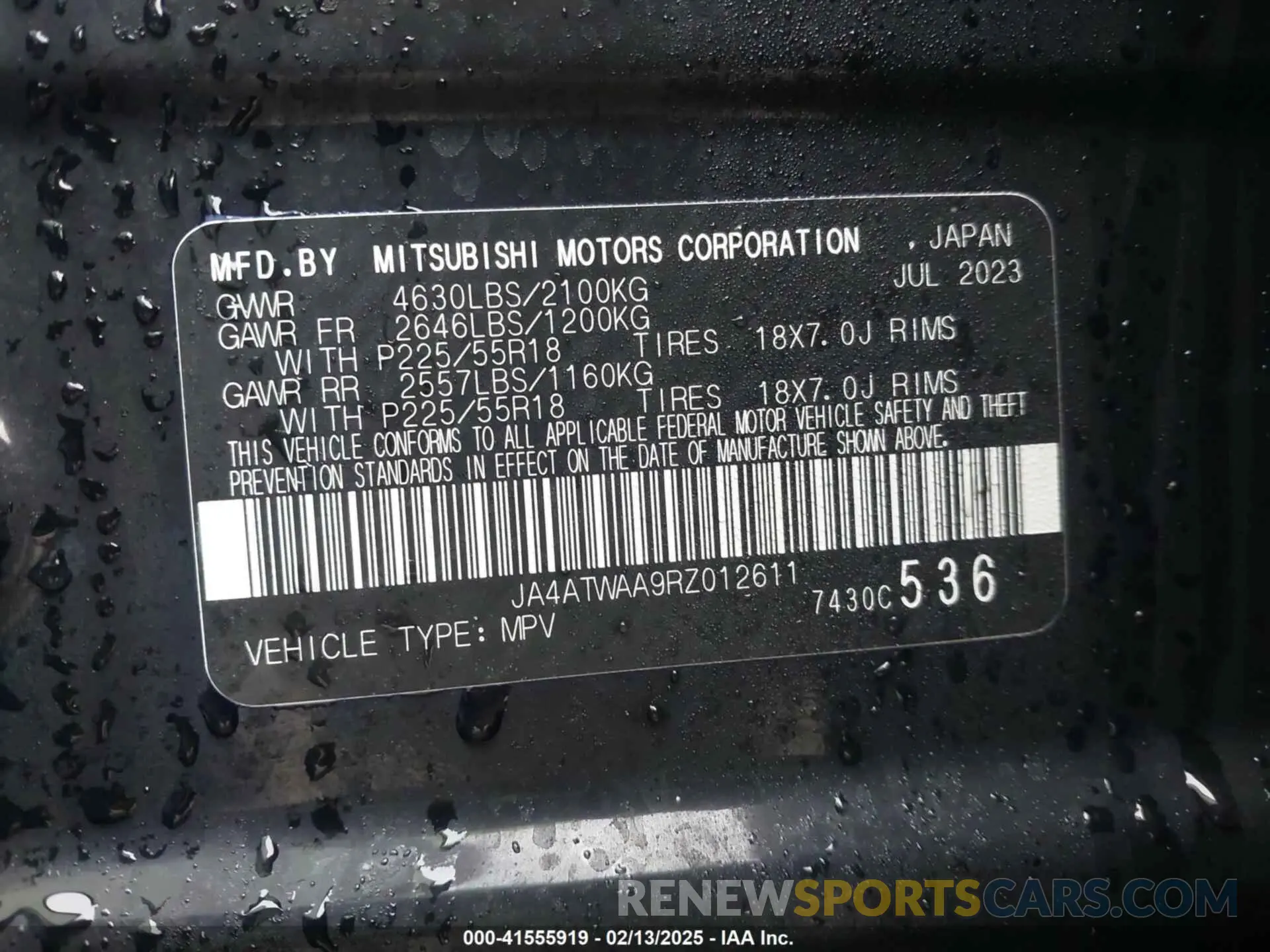 9 Photograph of a damaged car JA4ATWAA9RZ012611 MITSUBISHI ECLIPSE CROSS 2024