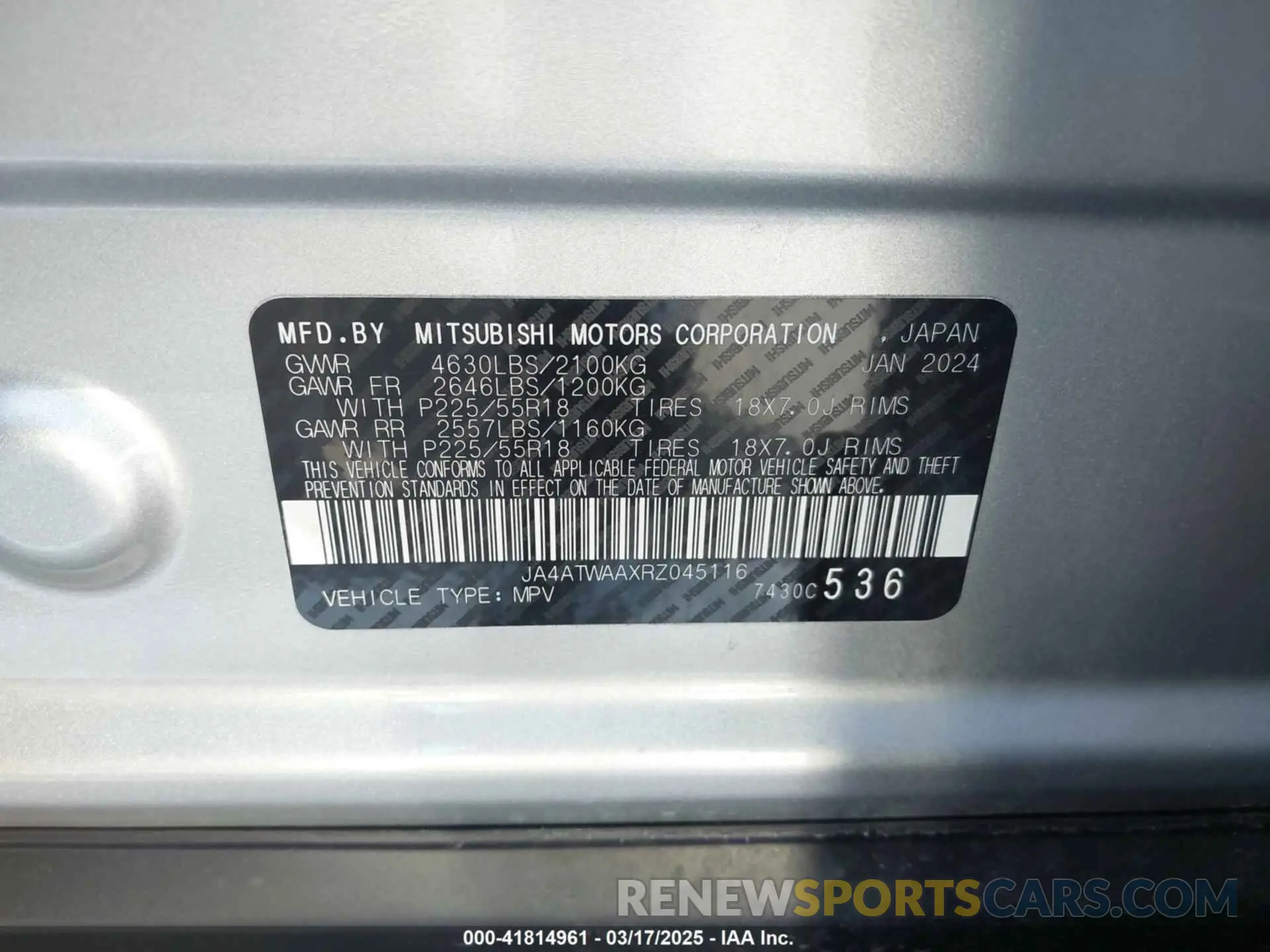 9 Photograph of a damaged car JA4ATWAAXRZ045116 MITSUBISHI ECLIPSE CROSS 2024