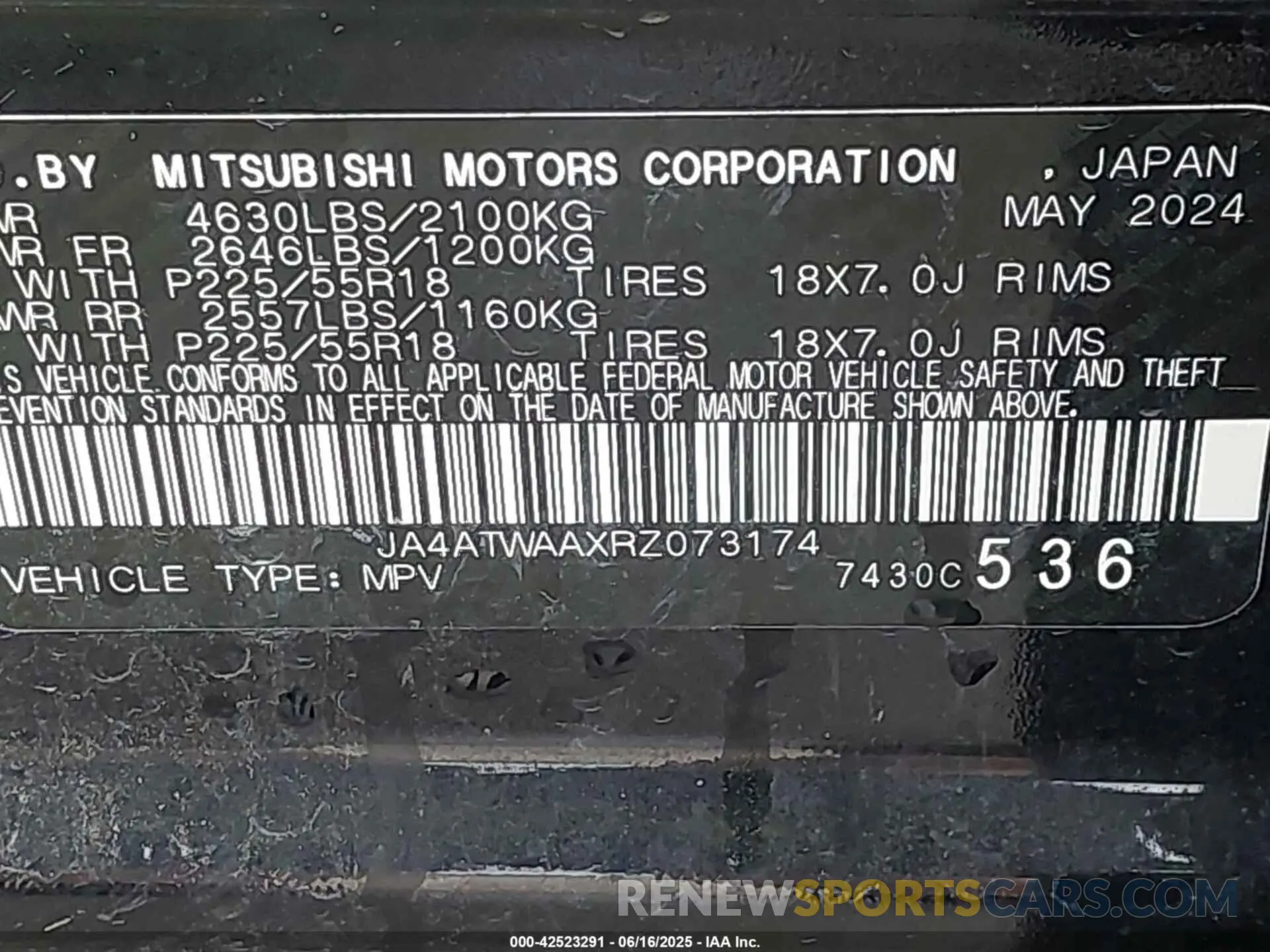 9 Photograph of a damaged car JA4ATWAAXRZ073174 MITSUBISHI ECLIPSE CROSS 2024