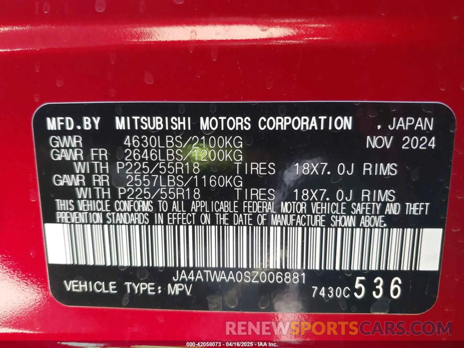 9 Photograph of a damaged car JA4ATWAA0SZ006881 MITSUBISHI ECLIPSE CROSS 2025