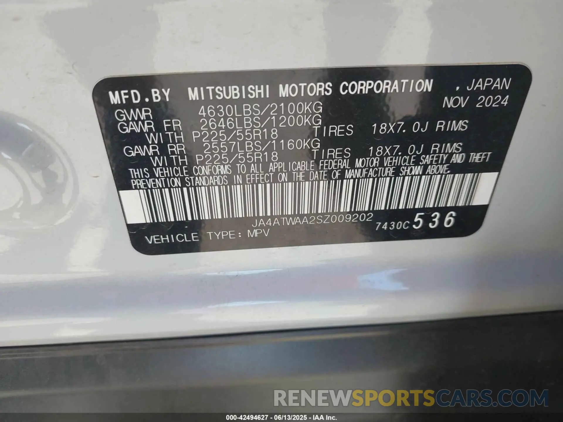 9 Photograph of a damaged car JA4ATWAA2SZ009202 MITSUBISHI ECLIPSE CROSS 2025