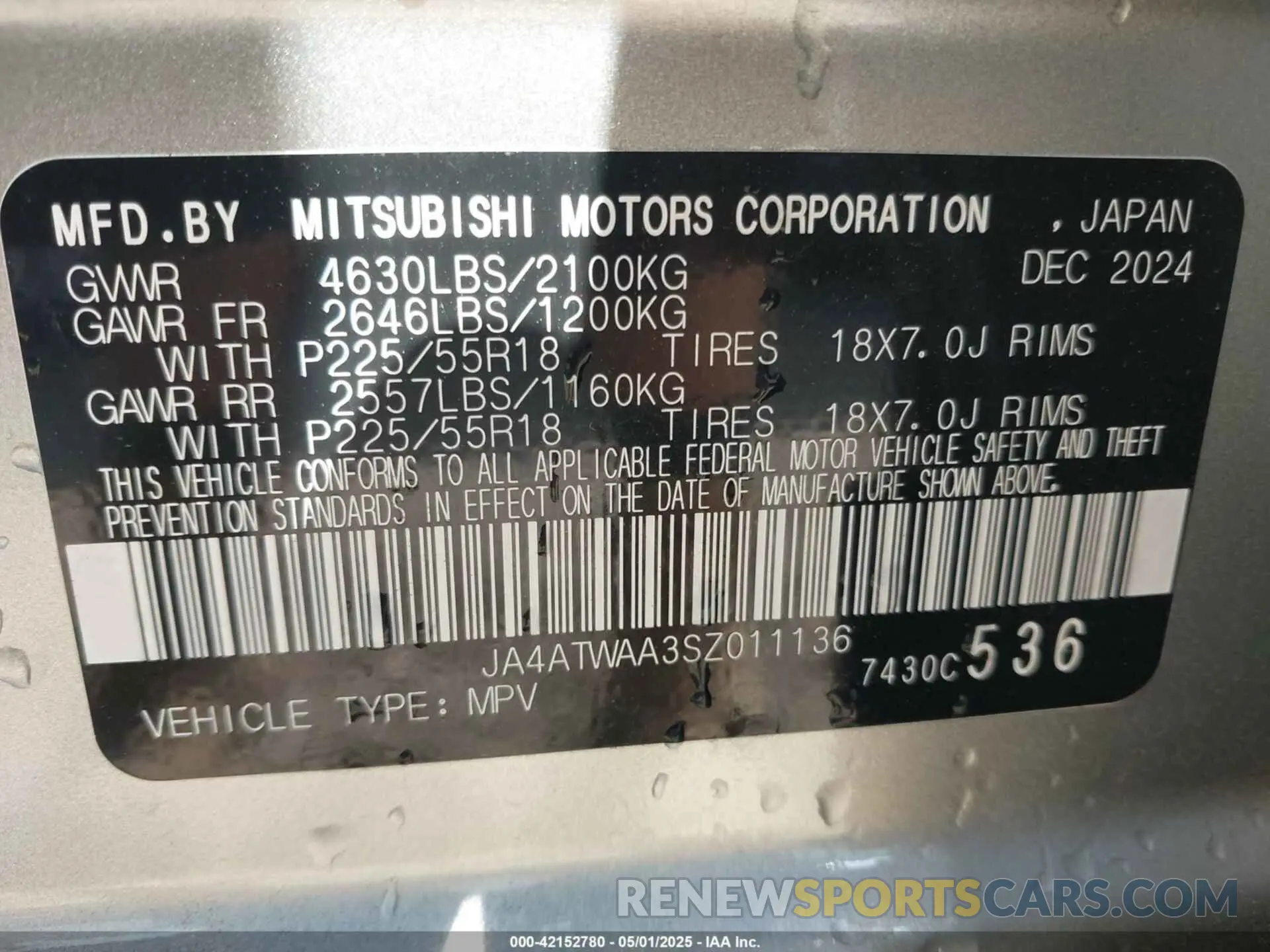9 Photograph of a damaged car JA4ATWAA3SZ011136 MITSUBISHI ECLIPSE CROSS 2025