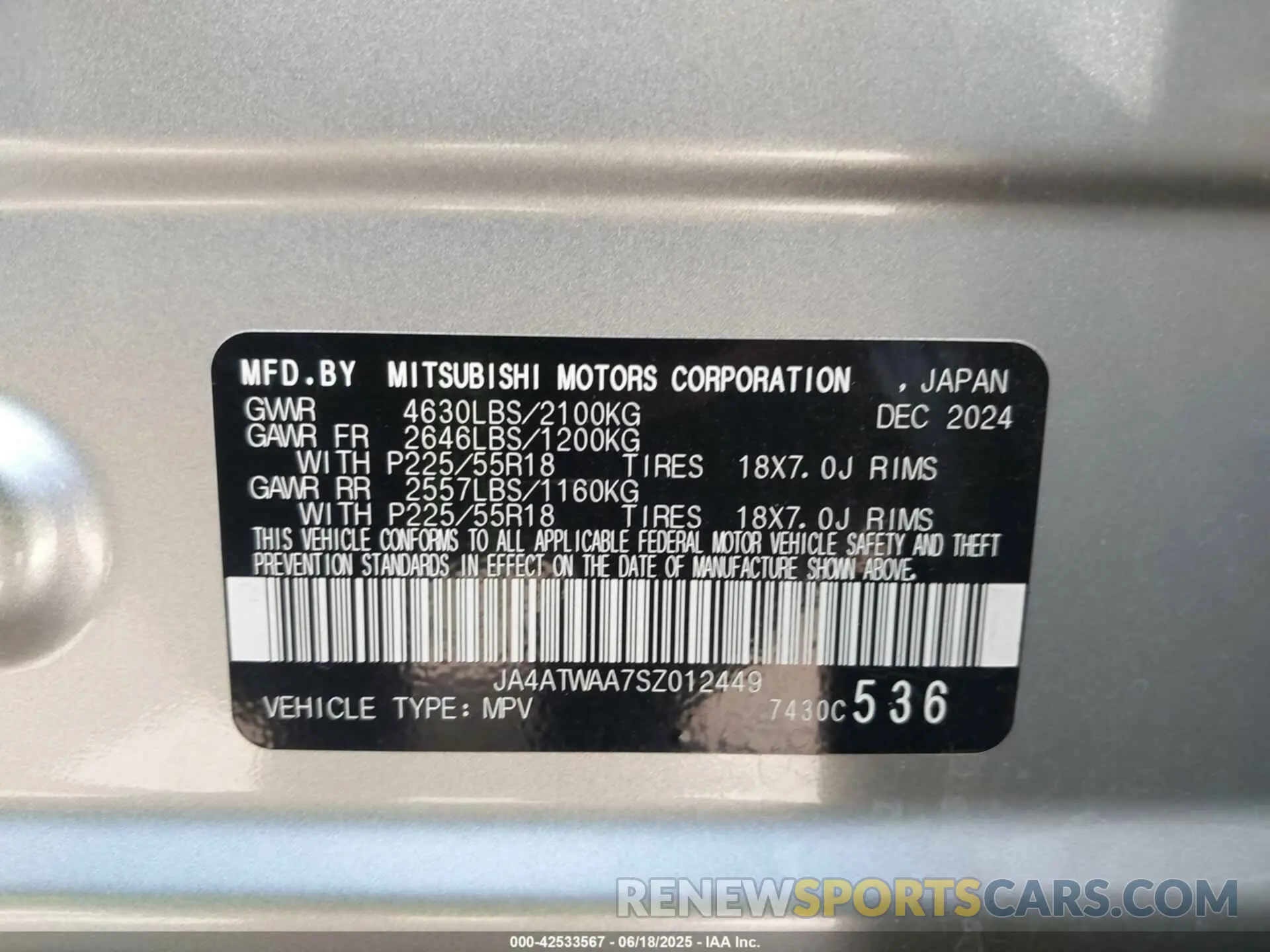 9 Photograph of a damaged car JA4ATWAA7SZ012449 MITSUBISHI ECLIPSE CROSS 2025