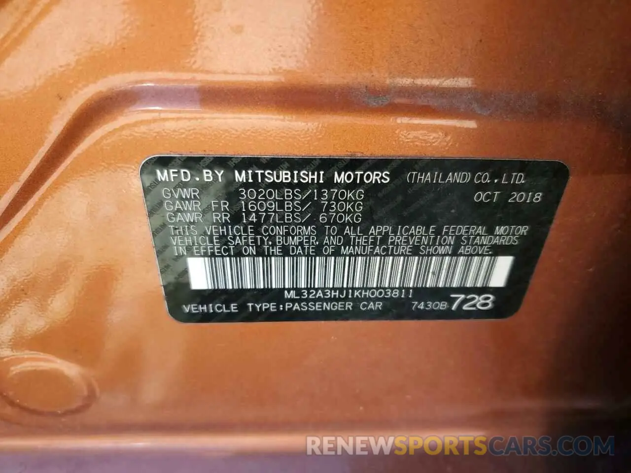 14 Photograph of a damaged car ML32A3HJ1KH003811 MITSUBISHI MIRAGE 2019