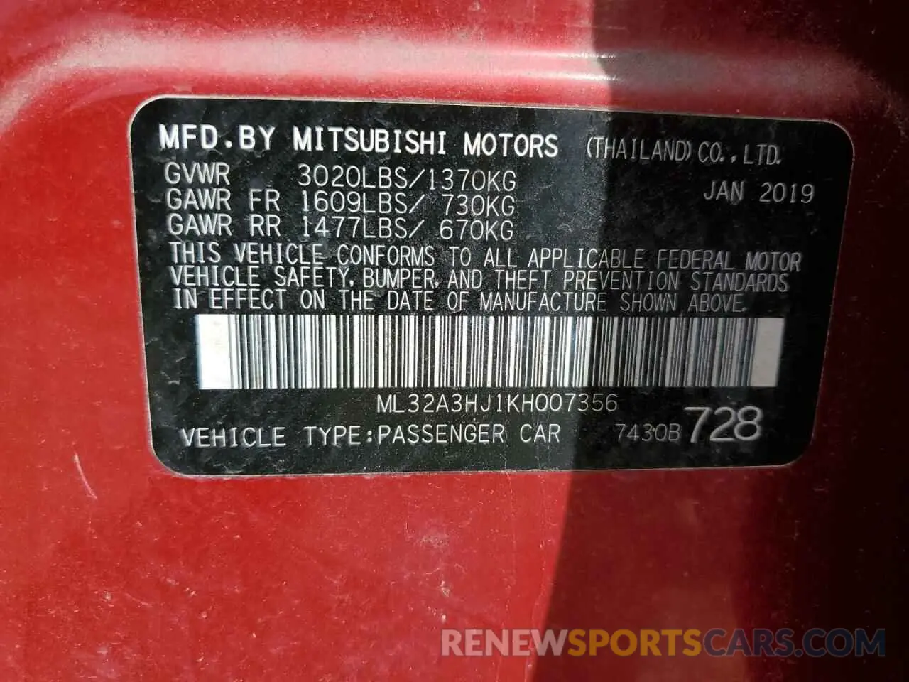 13 Photograph of a damaged car ML32A3HJ1KH007356 MITSUBISHI MIRAGE 2019