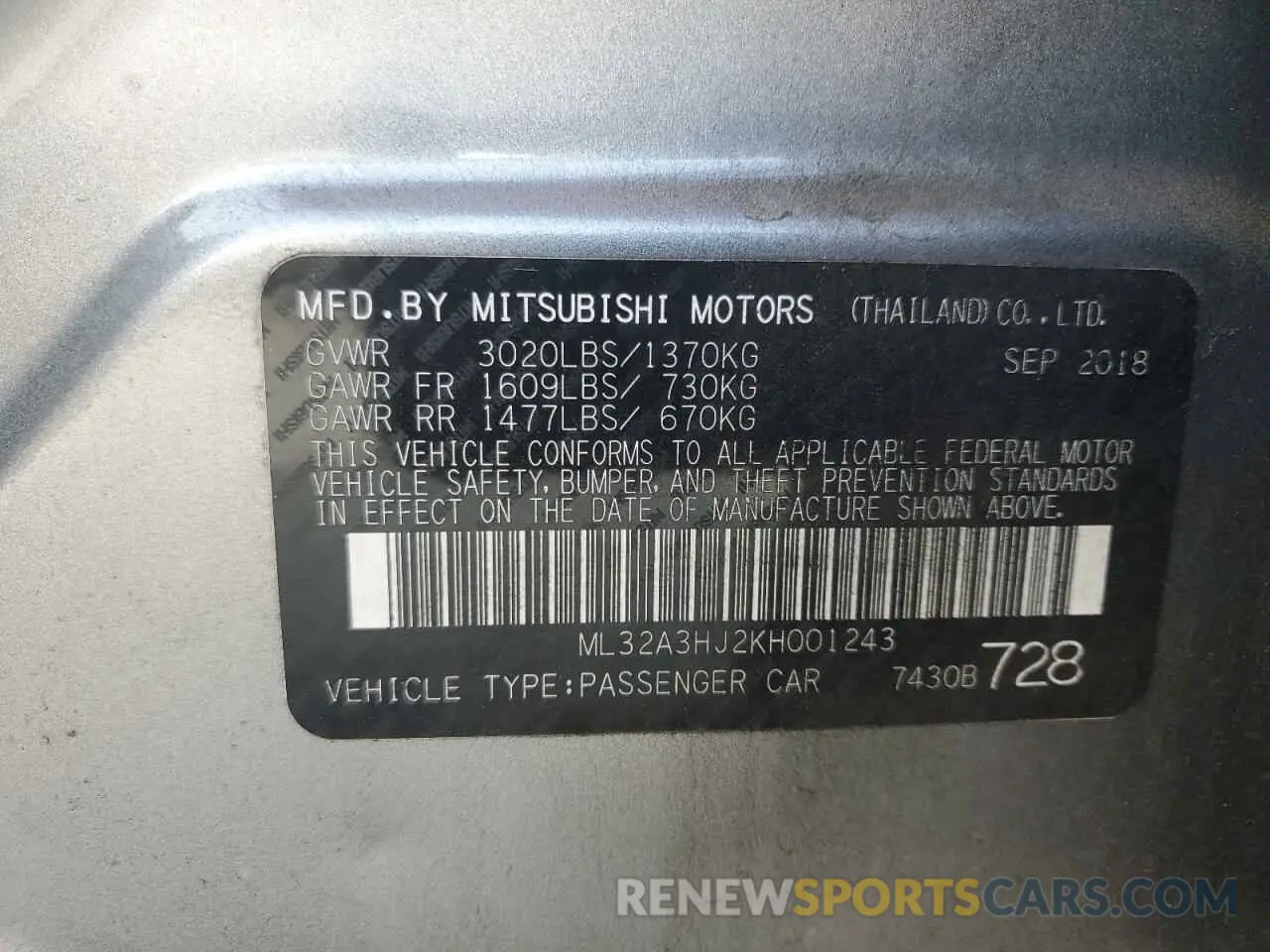 14 Photograph of a damaged car ML32A3HJ2KH001243 MITSUBISHI MIRAGE 2019