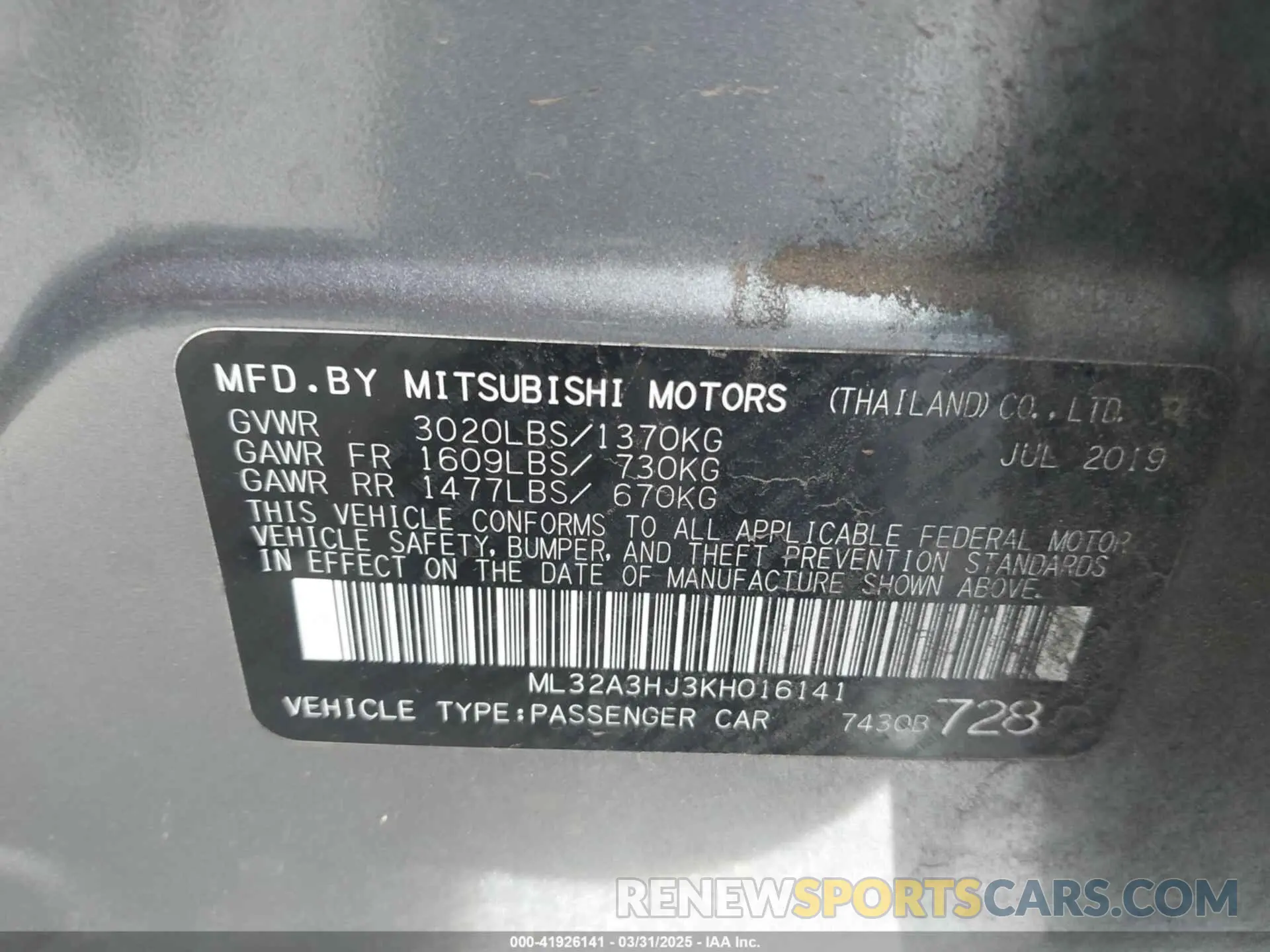 9 Photograph of a damaged car ML32A3HJ3KH016141 MITSUBISHI MIRAGE 2019