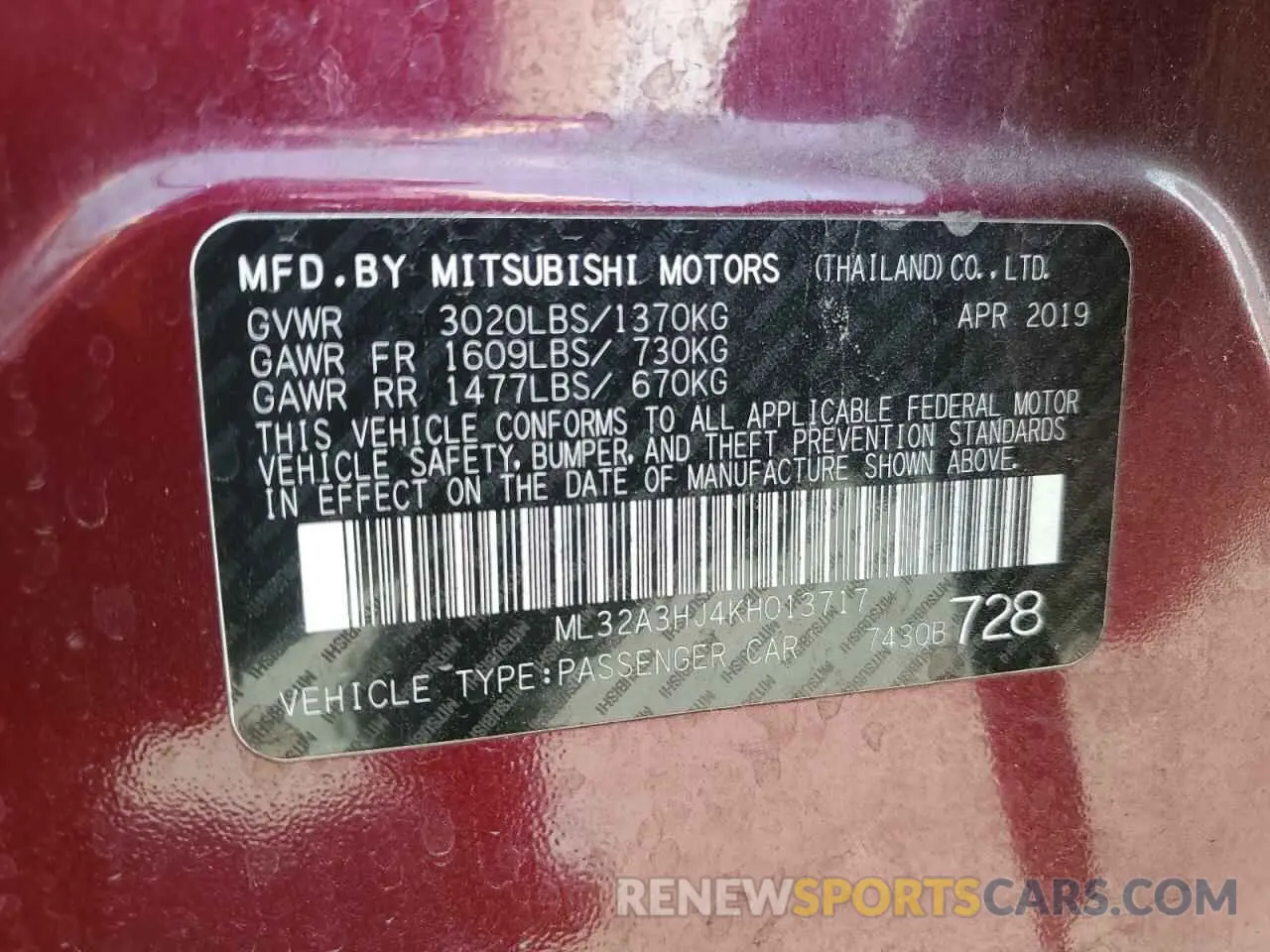 12 Photograph of a damaged car ML32A3HJ4KH013717 MITSUBISHI MIRAGE 2019