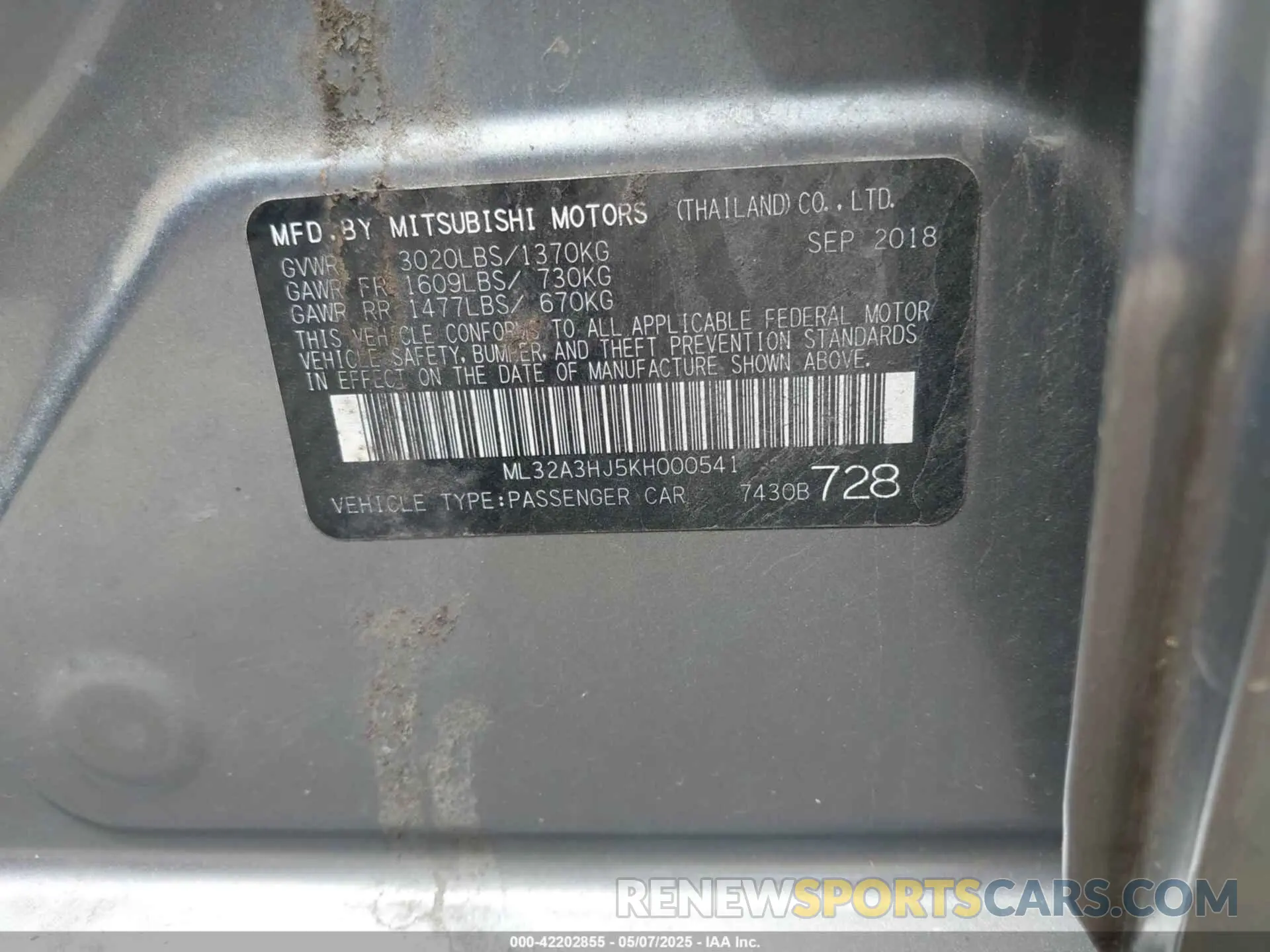 9 Photograph of a damaged car ML32A3HJ5KH000541 MITSUBISHI MIRAGE 2019