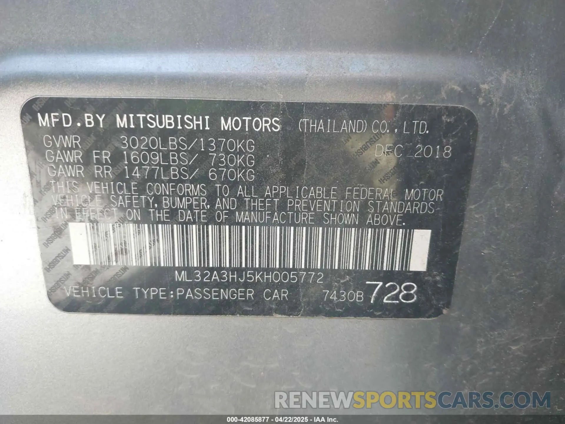 9 Photograph of a damaged car ML32A3HJ5KH005772 MITSUBISHI MIRAGE 2019