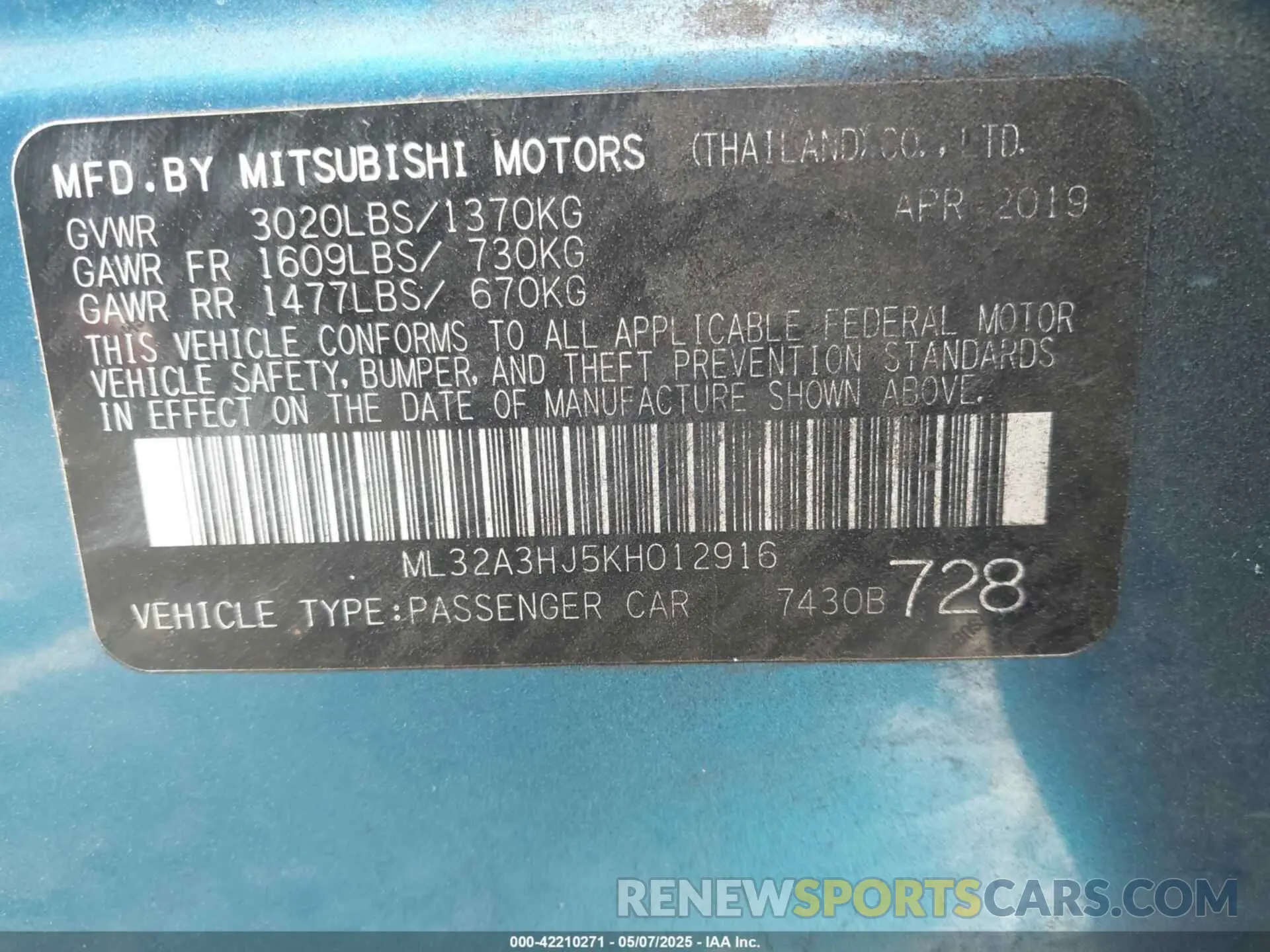 9 Photograph of a damaged car ML32A3HJ5KH012916 MITSUBISHI MIRAGE 2019