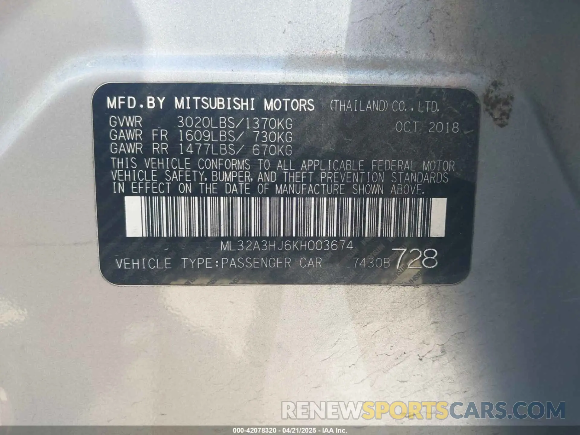 9 Photograph of a damaged car ML32A3HJ6KH003674 MITSUBISHI MIRAGE 2019