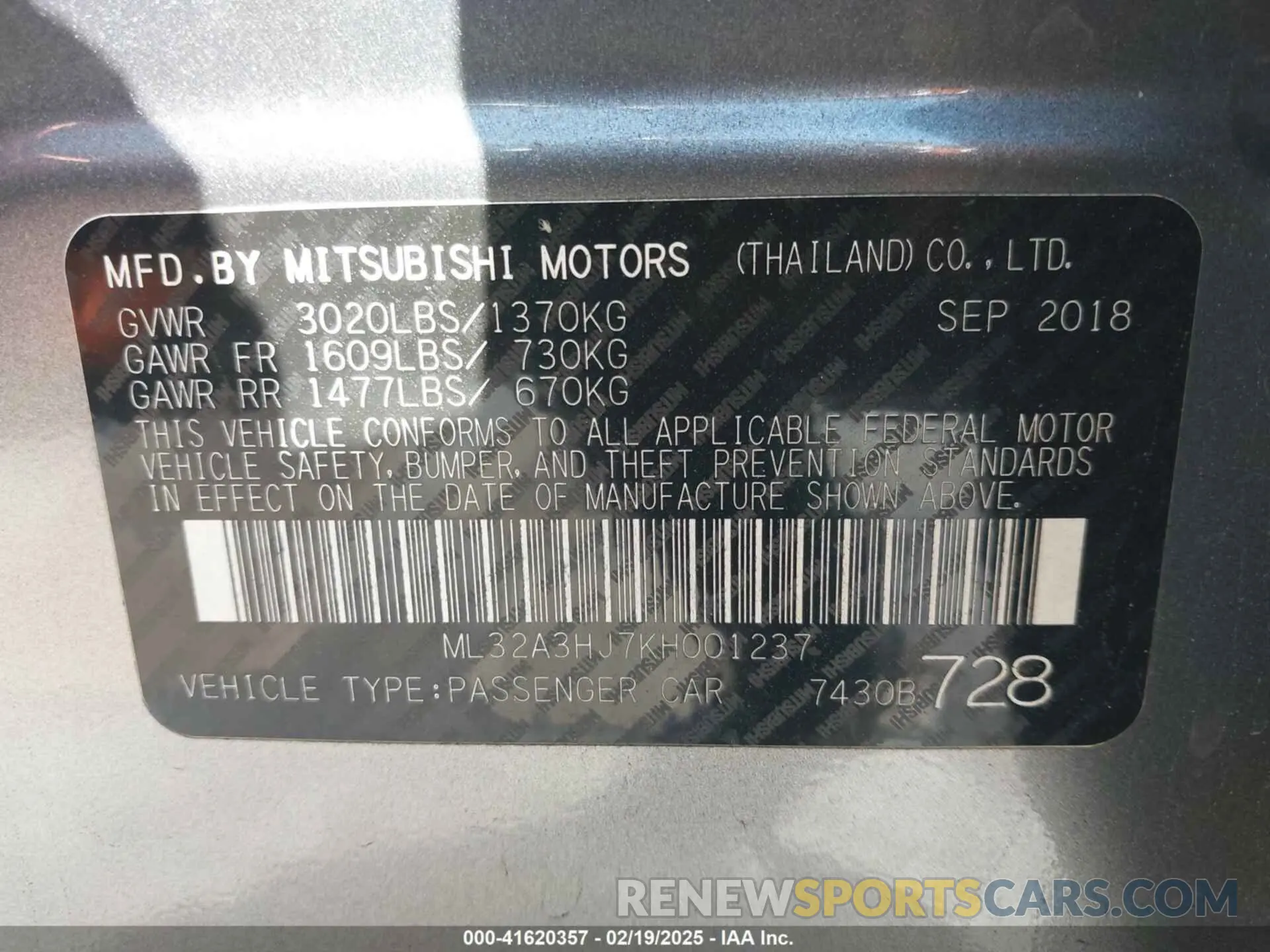 9 Photograph of a damaged car ML32A3HJ7KH001237 MITSUBISHI MIRAGE 2019